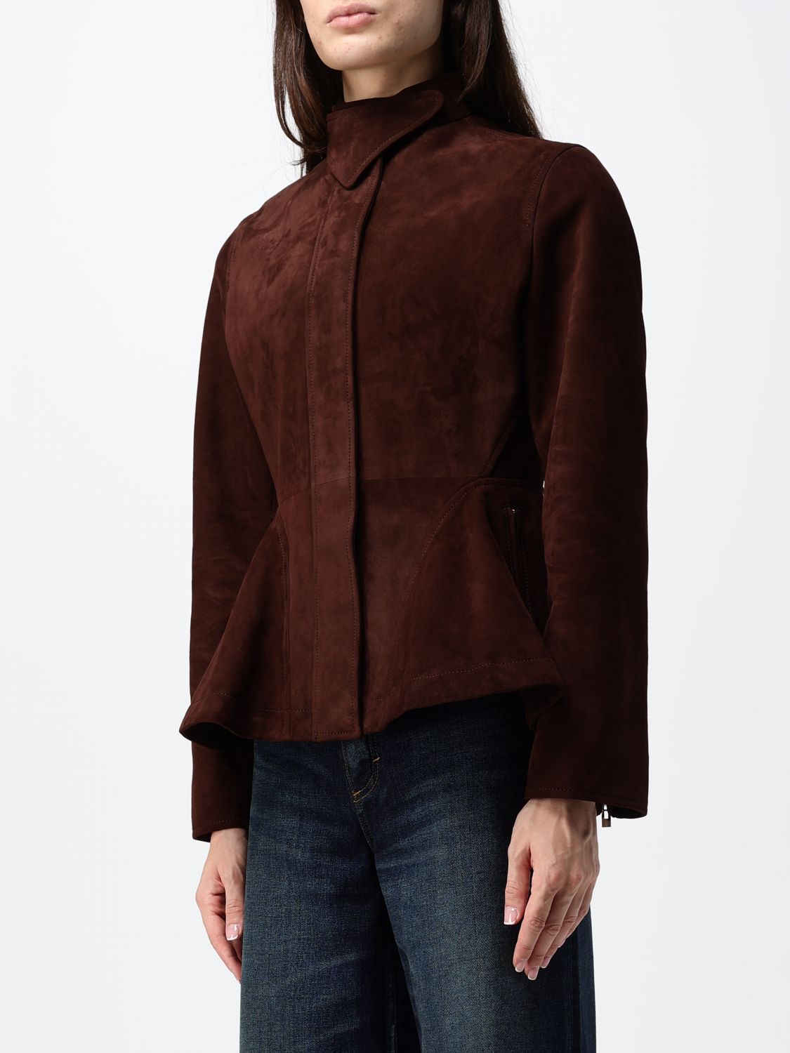 AlaiA Women Alaia Slim Fit Suede Leather Short Jacket With High Neck ALAIA