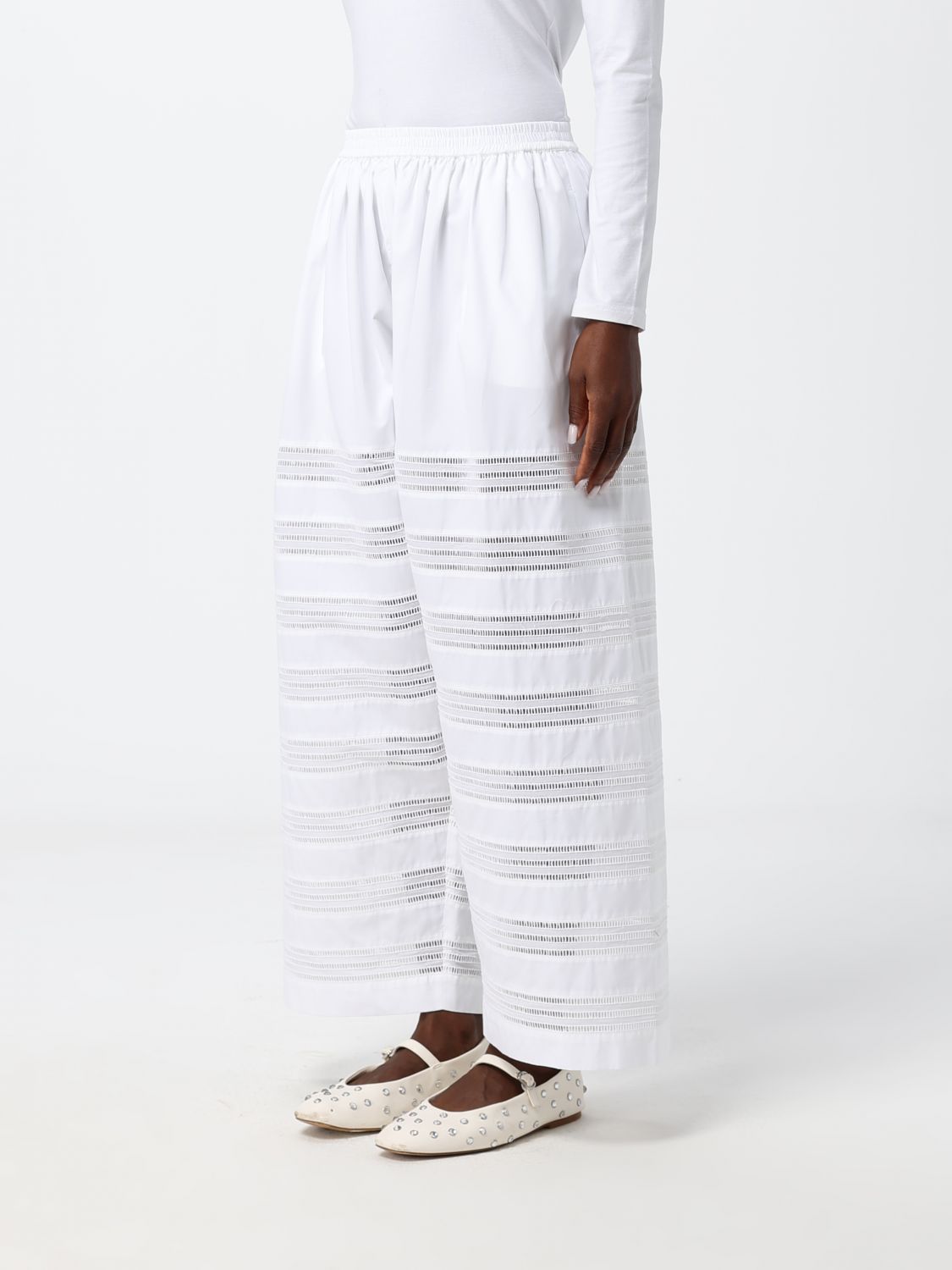Alai�A Women High-Waisted Wide Leg Trousers Alaia In Perforated Cotton Poplin ALAIA