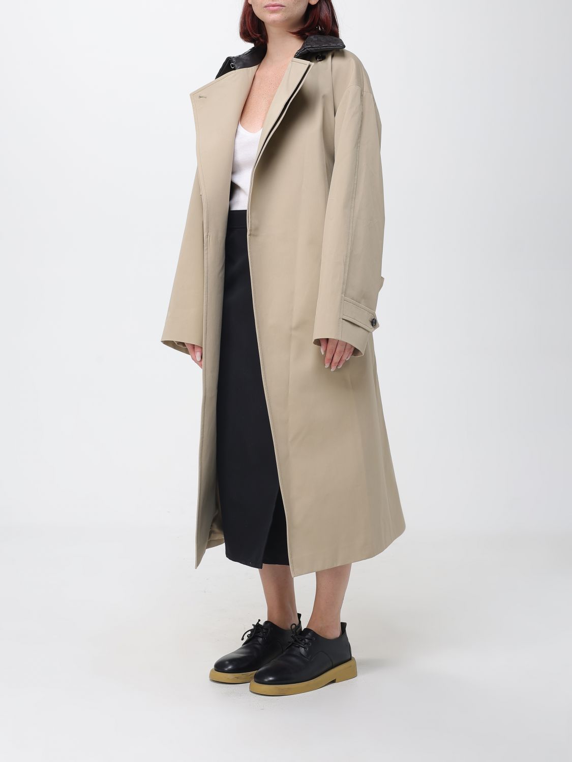 Bottega Veneta Women Bottega Veneta Oversized Long Cotton Trench Coat With Leather Collar BOTTEGA VENETA