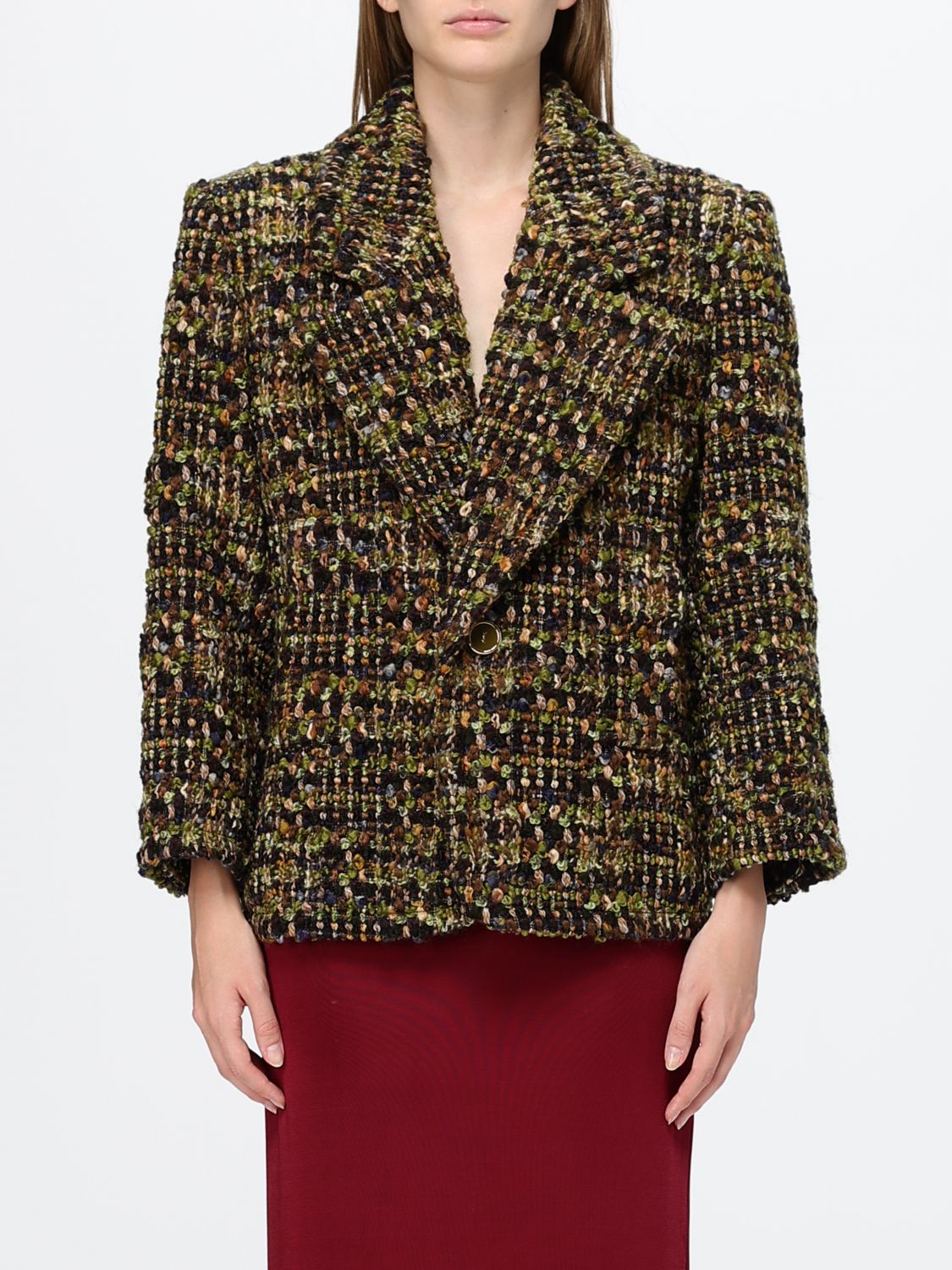 Saint Laurent Women Striped Wool Tweed Cropped Blazer Saint Laurent With Oversized Shoulders SAINT LAURENT
