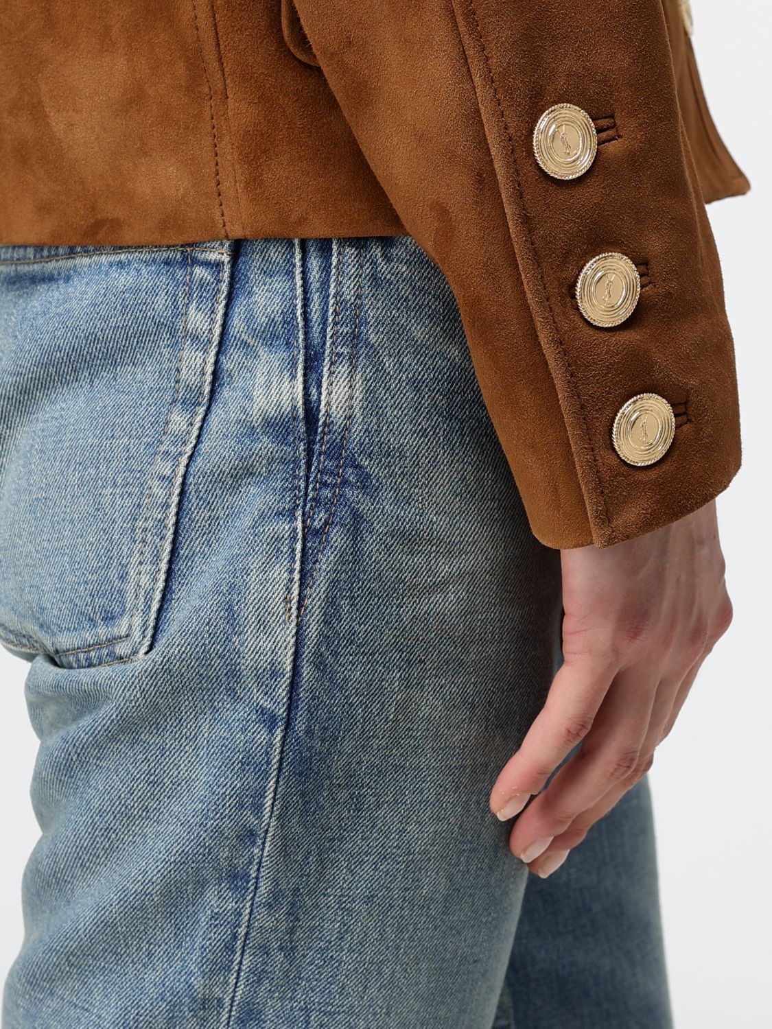 Saint Laurent Women Double-Breasted Cropped Jacket Saint Laurent In Suede Lambskin SAINT LAURENT