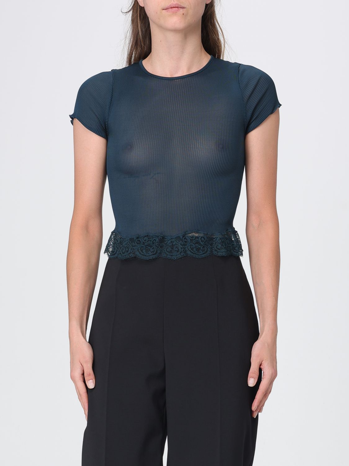 Saint Laurent Women Saint Laurent Cropped Sheer Silk Top With Short Sleeves And Lace Inserts SAINT LAURENT