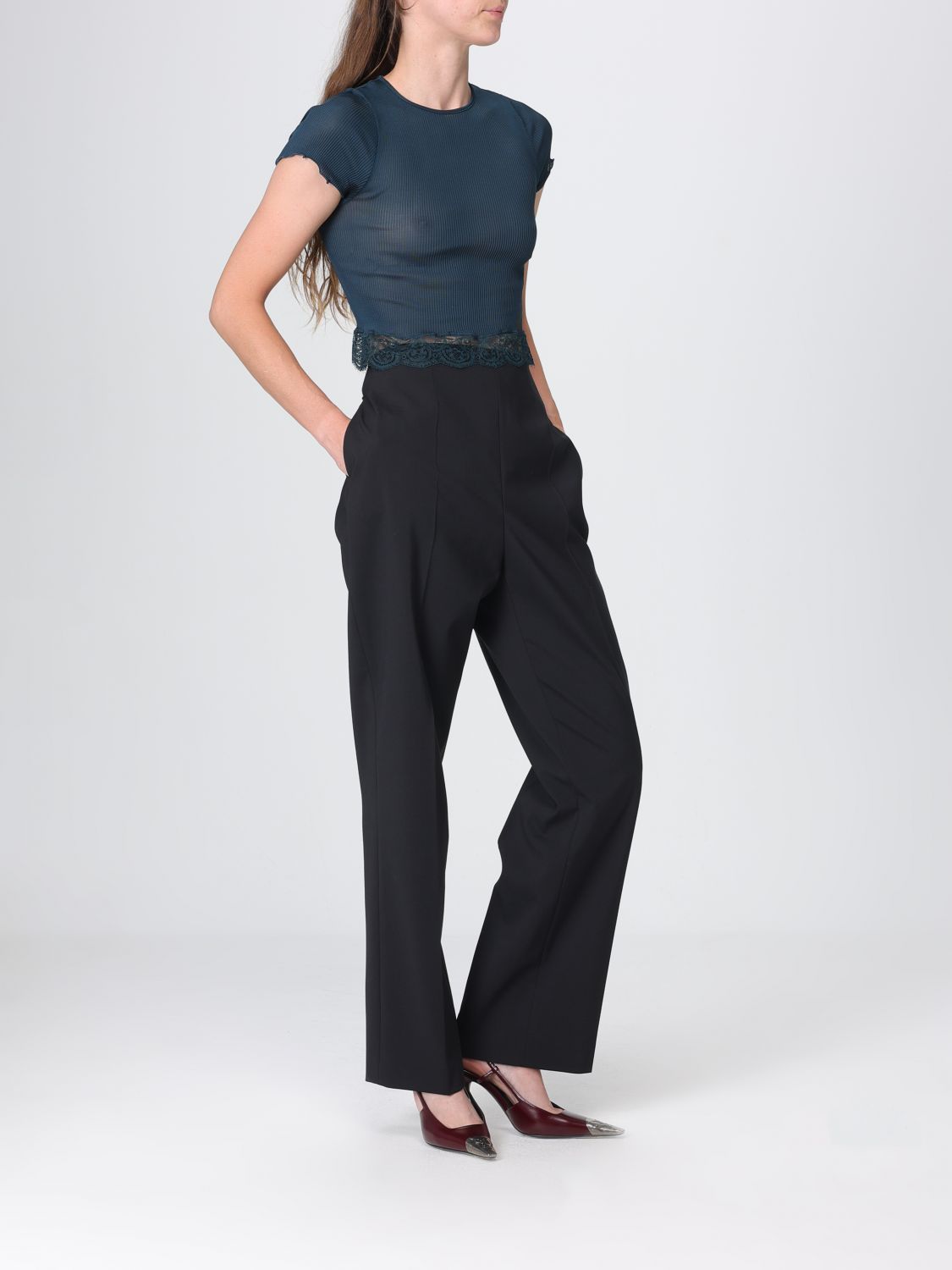 Saint Laurent Women Saint Laurent Cropped Sheer Silk Top With Short Sleeves And Lace Inserts SAINT LAURENT