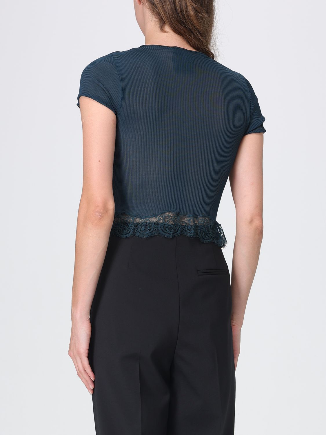 Saint Laurent Women Saint Laurent Cropped Sheer Silk Top With Short Sleeves And Lace Inserts SAINT LAURENT