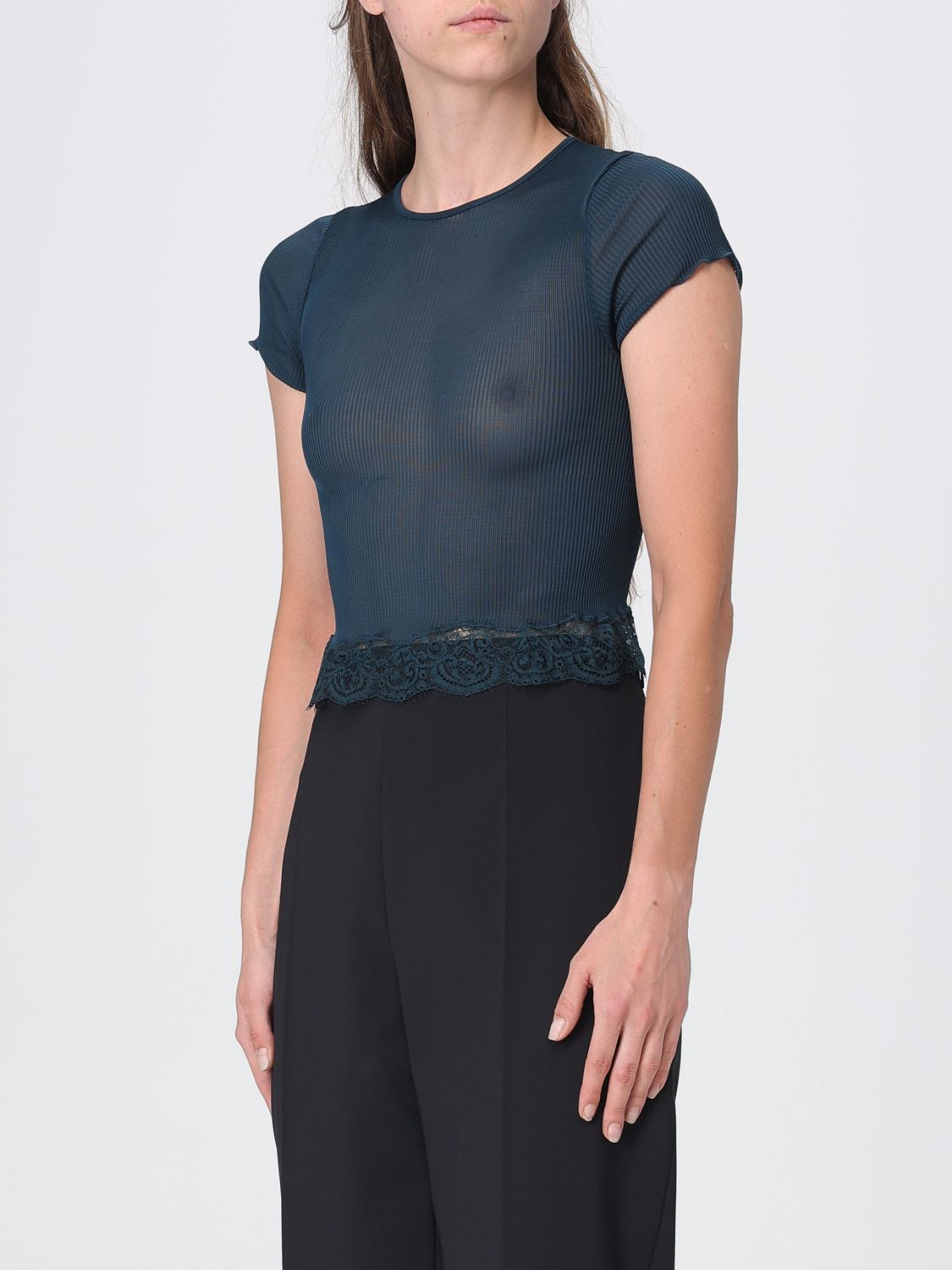 Saint Laurent Women Saint Laurent Cropped Sheer Silk Top With Short Sleeves And Lace Inserts SAINT LAURENT