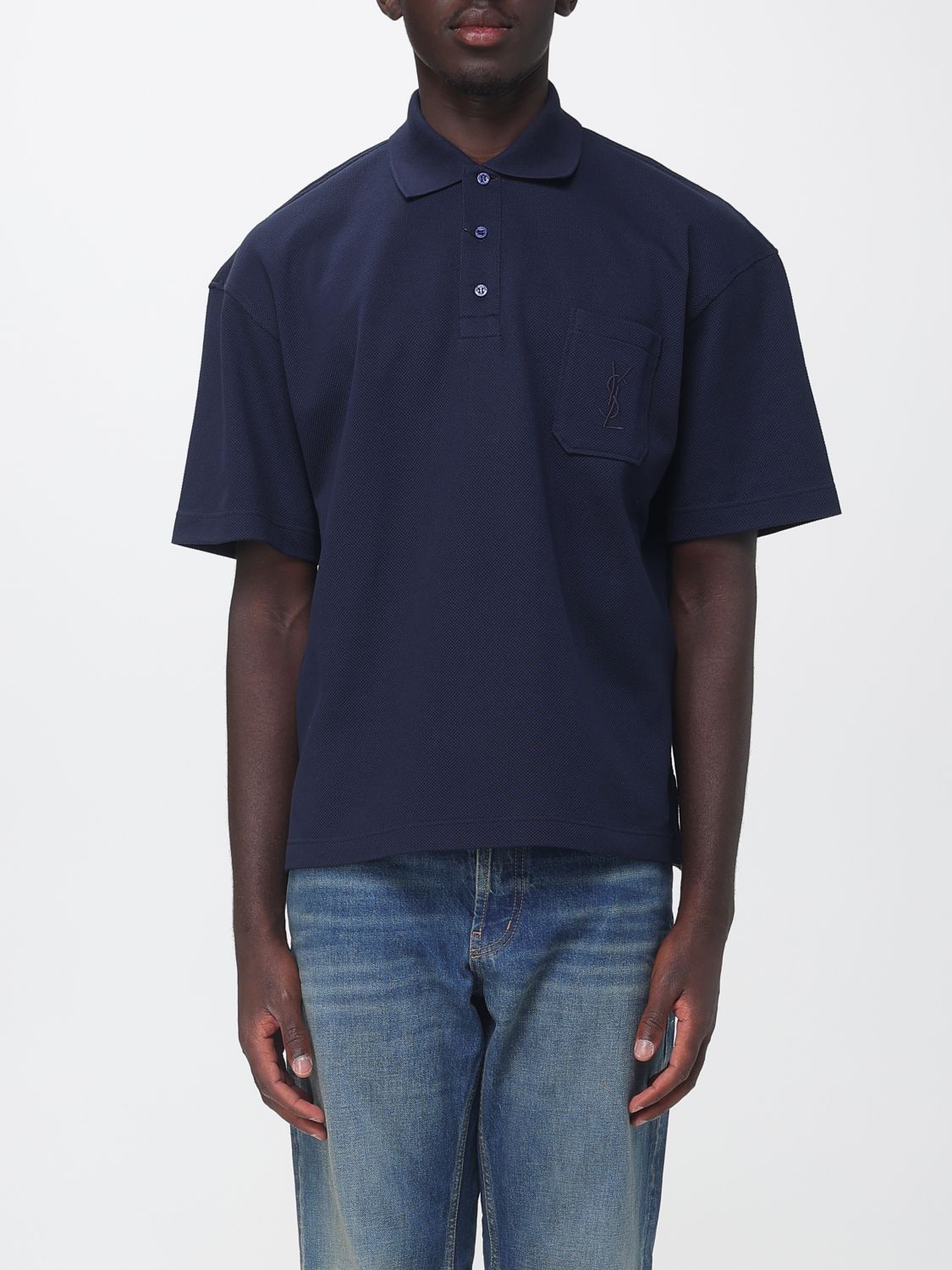 Saint Laurent Men Saint Laurent Relaxed Fit Cotton Polo Shirt With Patch Pocket And Tonal Logo SAINT LAURENT