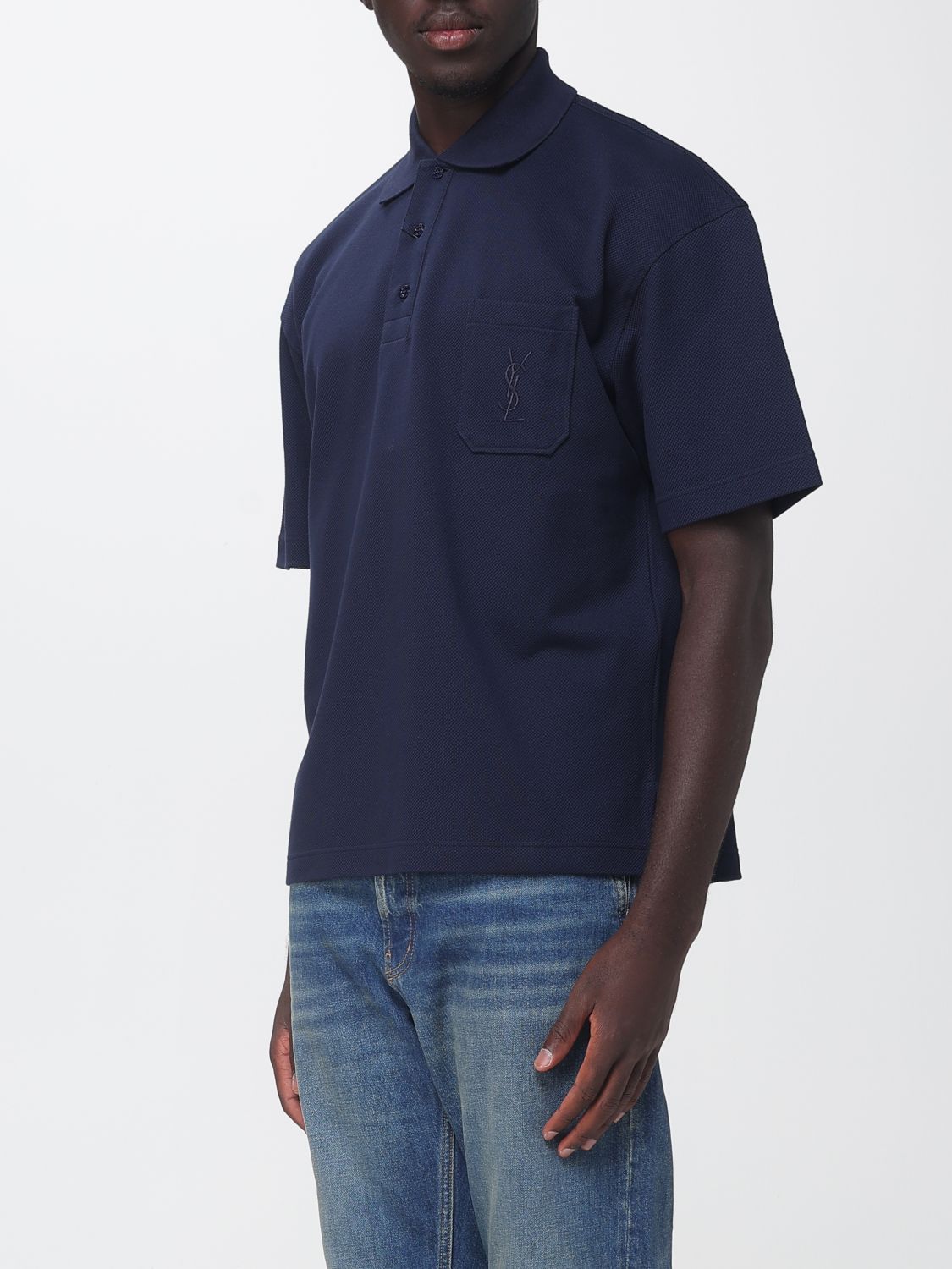 Saint Laurent Men Saint Laurent Relaxed Fit Cotton Polo Shirt With Patch Pocket And Tonal Logo SAINT LAURENT