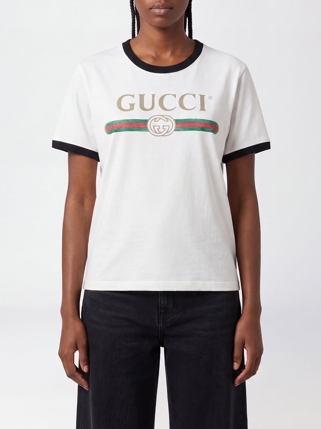 Gucci Women Web Stripe Cotton T-Shirt Gucci With Crew Neck And Contrast Logo GUCCI
