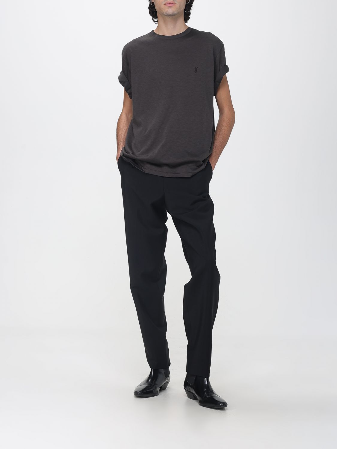 Saint Laurent Men Relaxed Fit Cotton And Silk T-Shirt Saint Laurent With Ysl Logo SAINT LAURENT