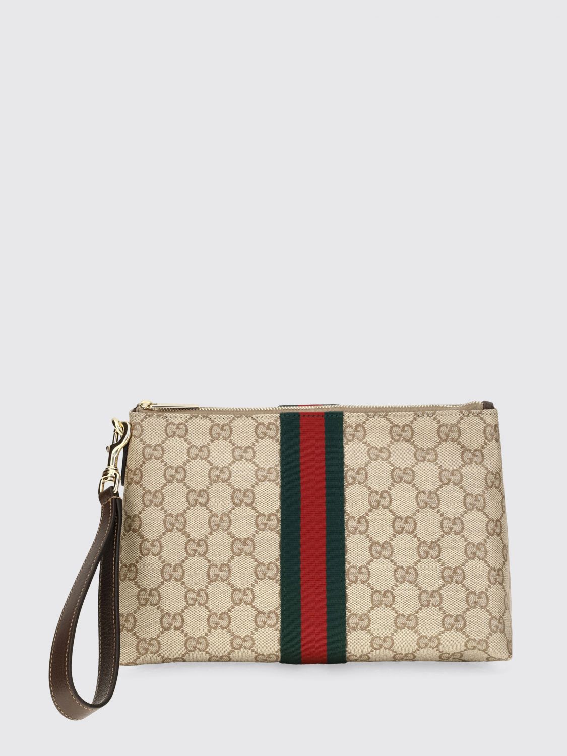 Gucci Men Gg Monogram Jacquard Pouch Gucci With Striped Details And Wrist Strap GUCCI