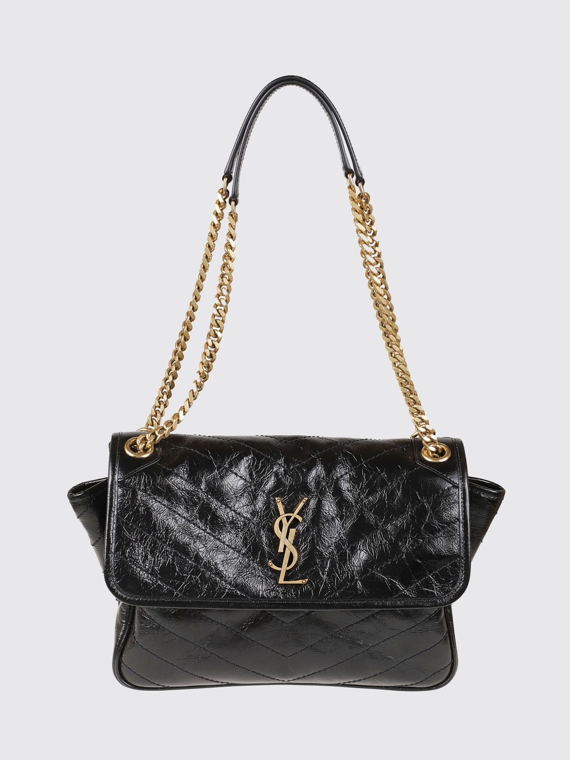 Saint Laurent Women Quilted Crinkled Leather Shoulder Bag Saint Laurent With Ysl Monogram SAINT LAURENT