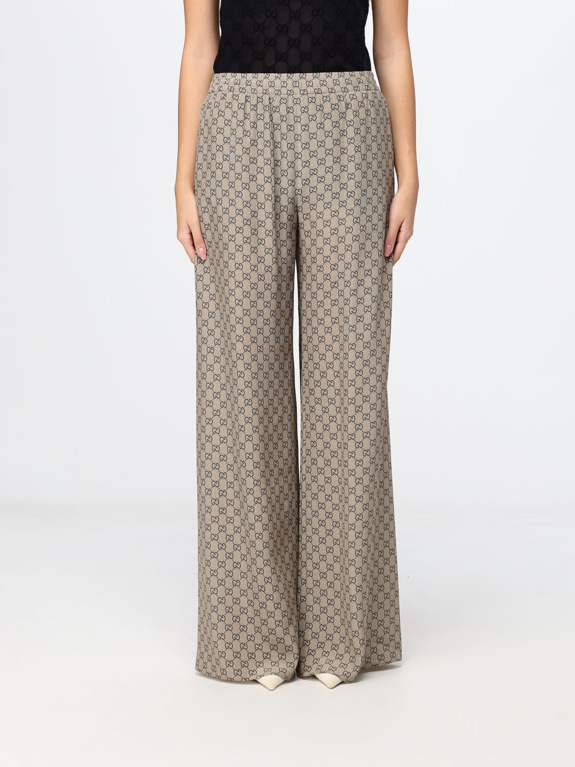 Gucci Women Gucci Gg Monogram Print Silk Palazzo Trousers GUCCI