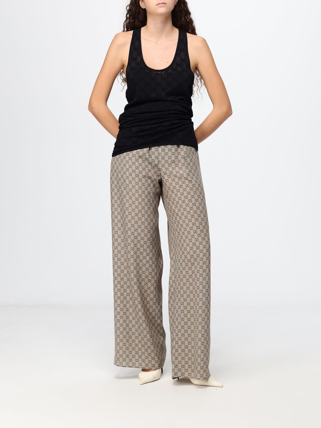 Gucci Women Gucci Gg Monogram Print Silk Palazzo Trousers GUCCI