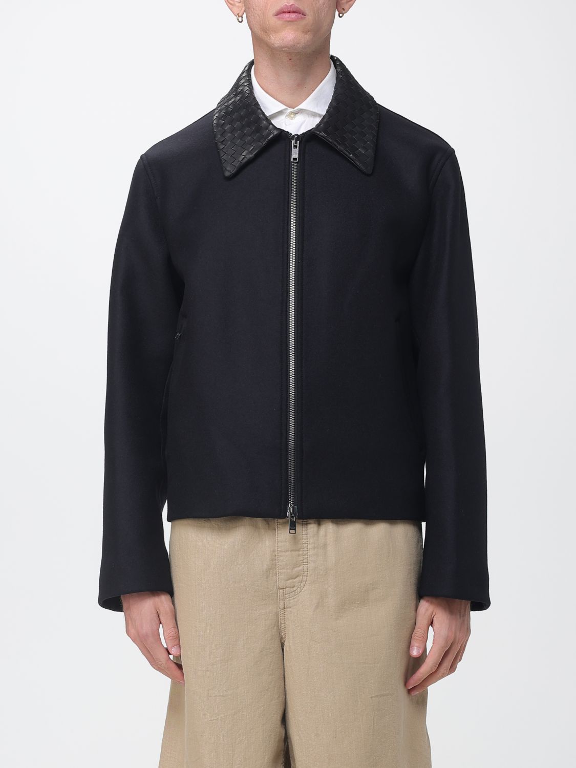 Bottega Veneta Men Bottega Veneta Single-Breasted Short Wool Coat With Leather Collar BOTTEGA VENETA