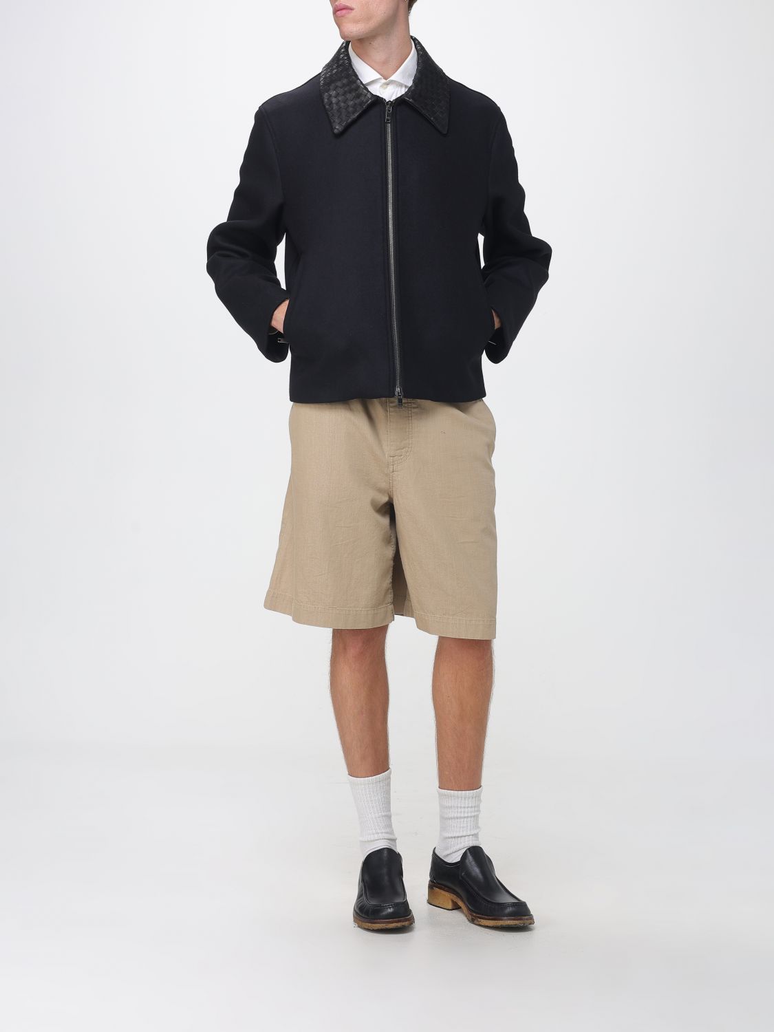 Bottega Veneta Men Bottega Veneta Single-Breasted Short Wool Coat With Leather Collar BOTTEGA VENETA