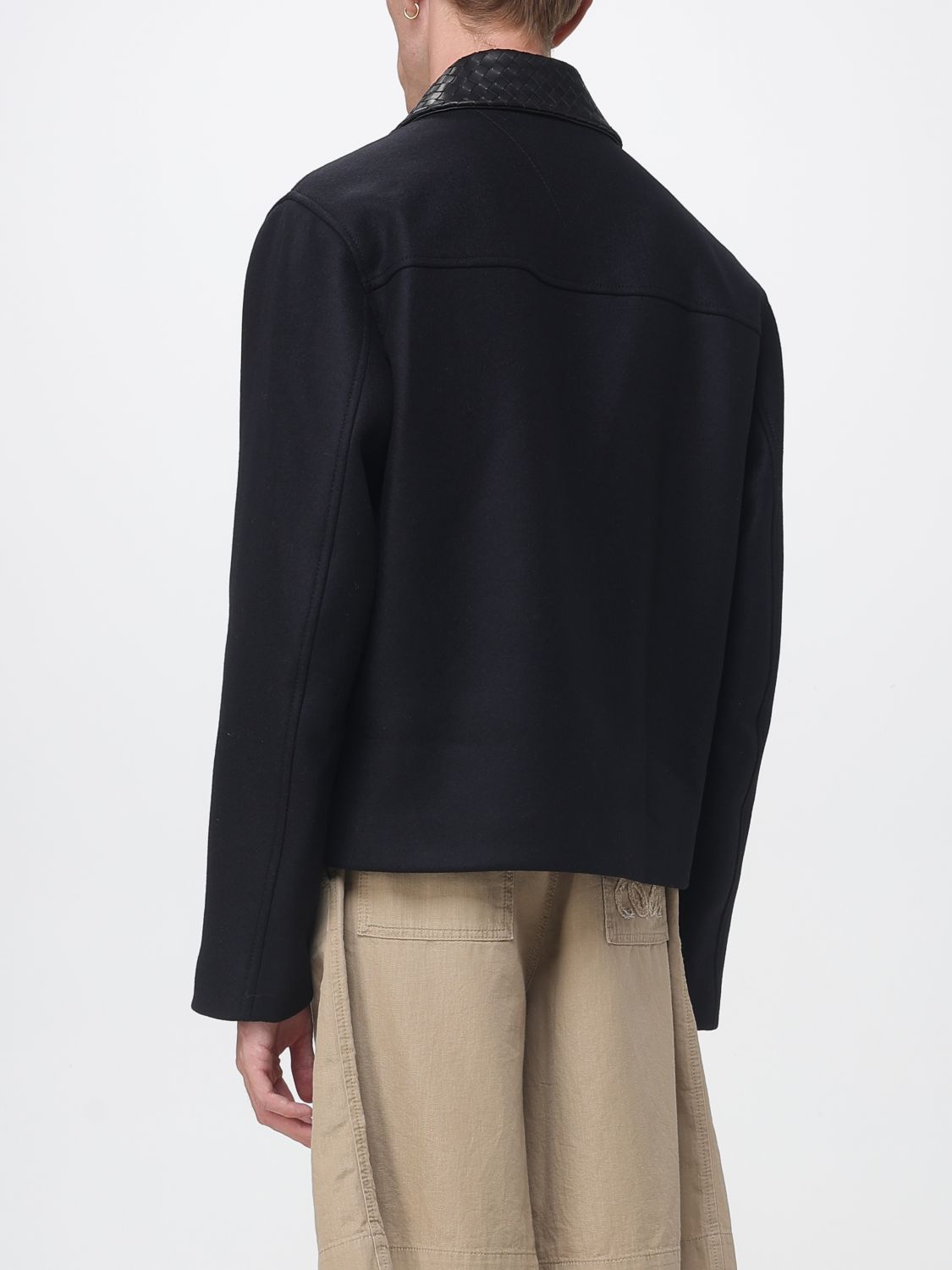 Bottega Veneta Men Bottega Veneta Single-Breasted Short Wool Coat With Leather Collar BOTTEGA VENETA
