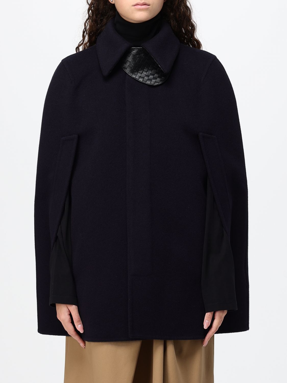 Bottega Veneta Women Bottega Veneta Short Wool And Cashmere Cape With Leather Collar And Concealed Closure BOTTEGA VENETA