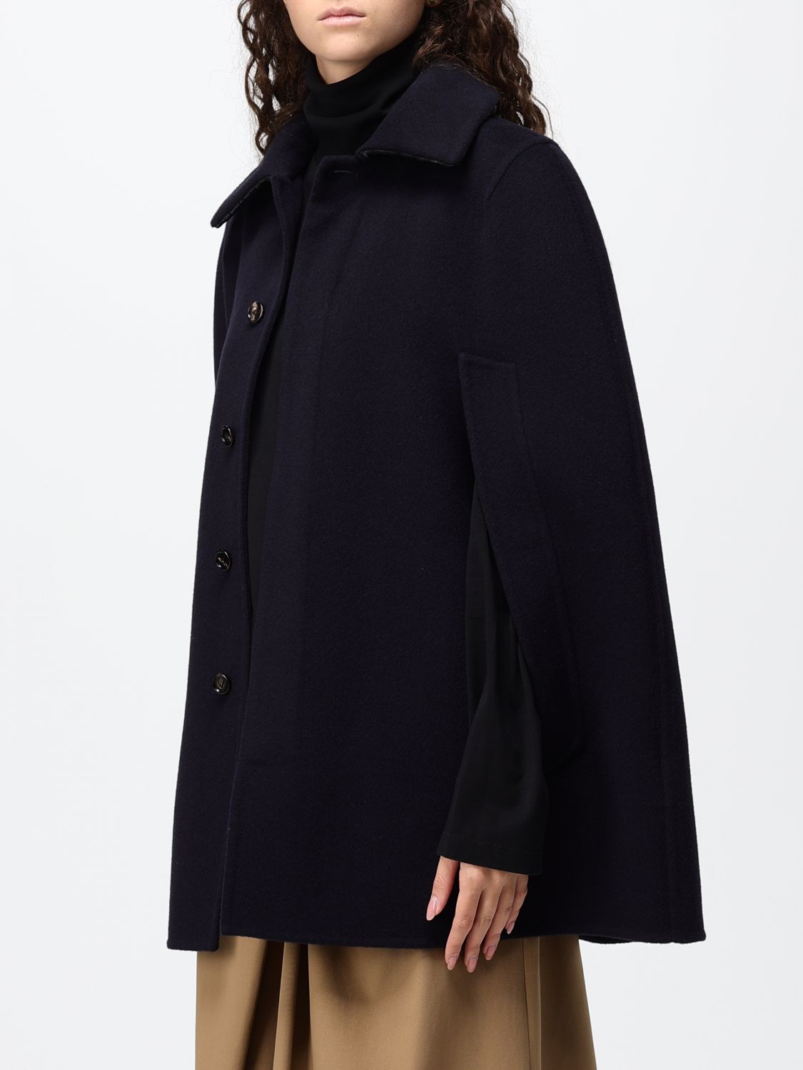 Bottega Veneta Women Bottega Veneta Short Wool And Cashmere Cape With Leather Collar And Concealed Closure BOTTEGA VENETA