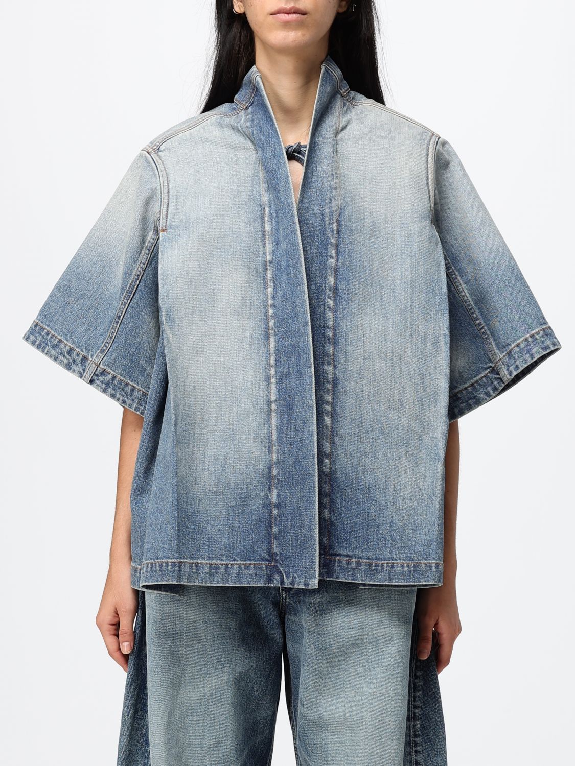 Alaia Women Alaia Reverse Cropped Denim Jacket With Kimono Sleeves And Shawl Collar ALAIA