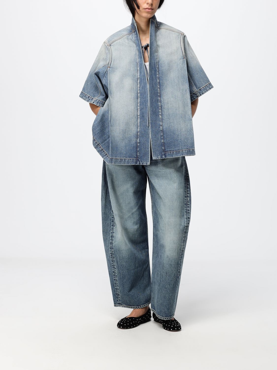Alaia Women Alaia Reverse Cropped Denim Jacket With Kimono Sleeves And Shawl Collar ALAIA