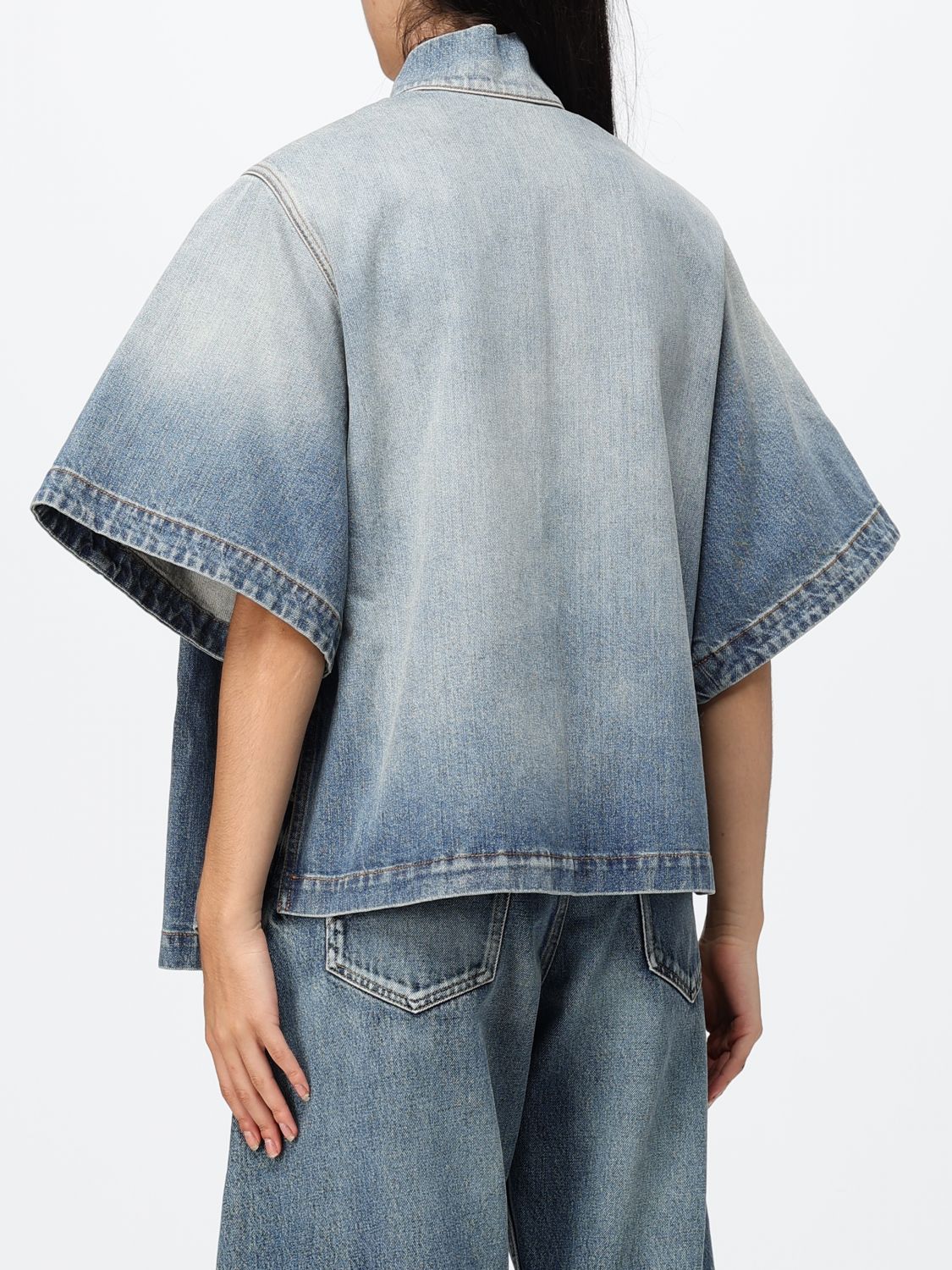 Alaia Women Alaia Reverse Cropped Denim Jacket With Kimono Sleeves And Shawl Collar ALAIA