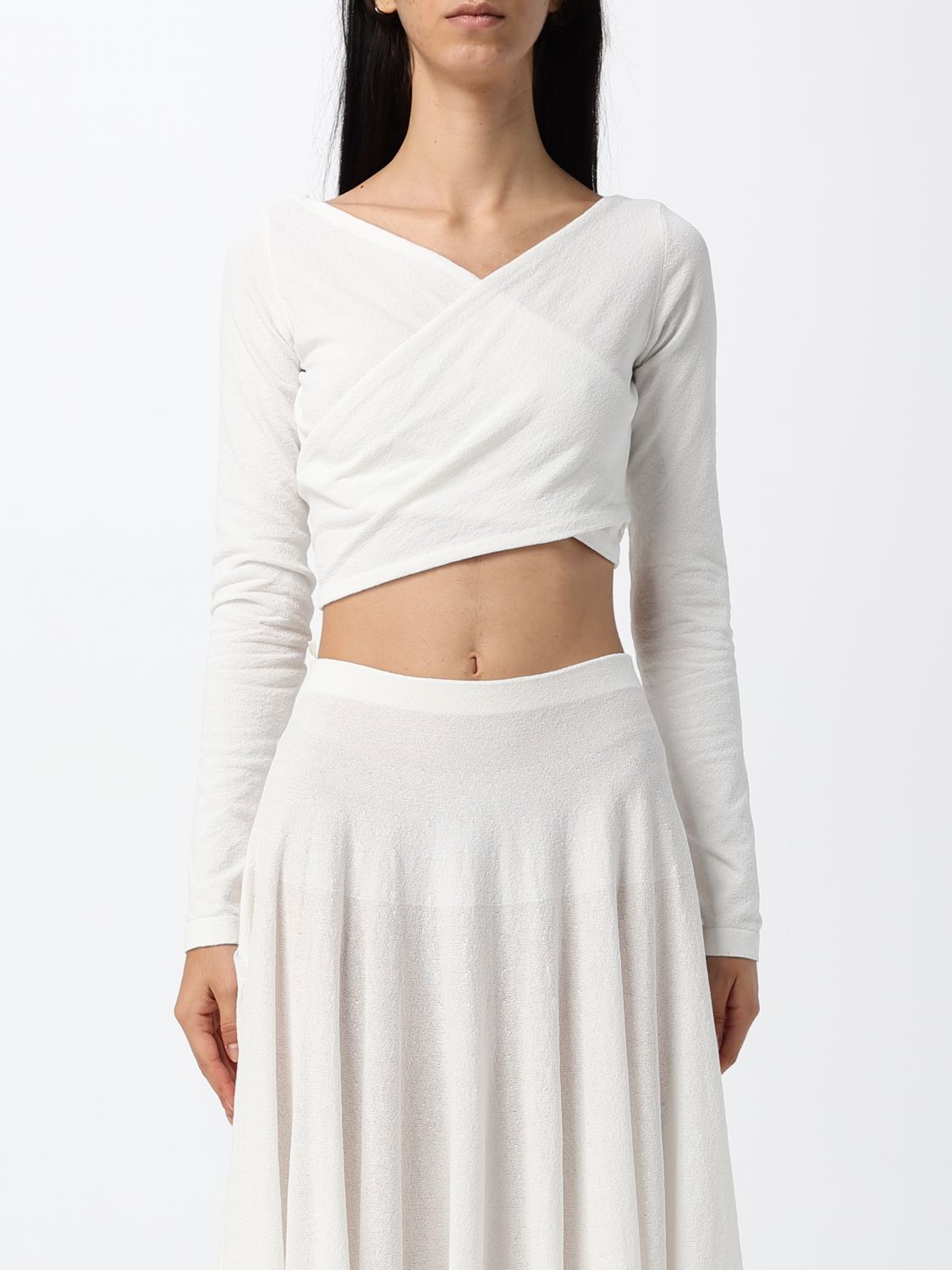 Alaia Women Slim Fit Cropped V-Neck Long-Sleeved Top Alaia In Stretch Cotton ALAIA