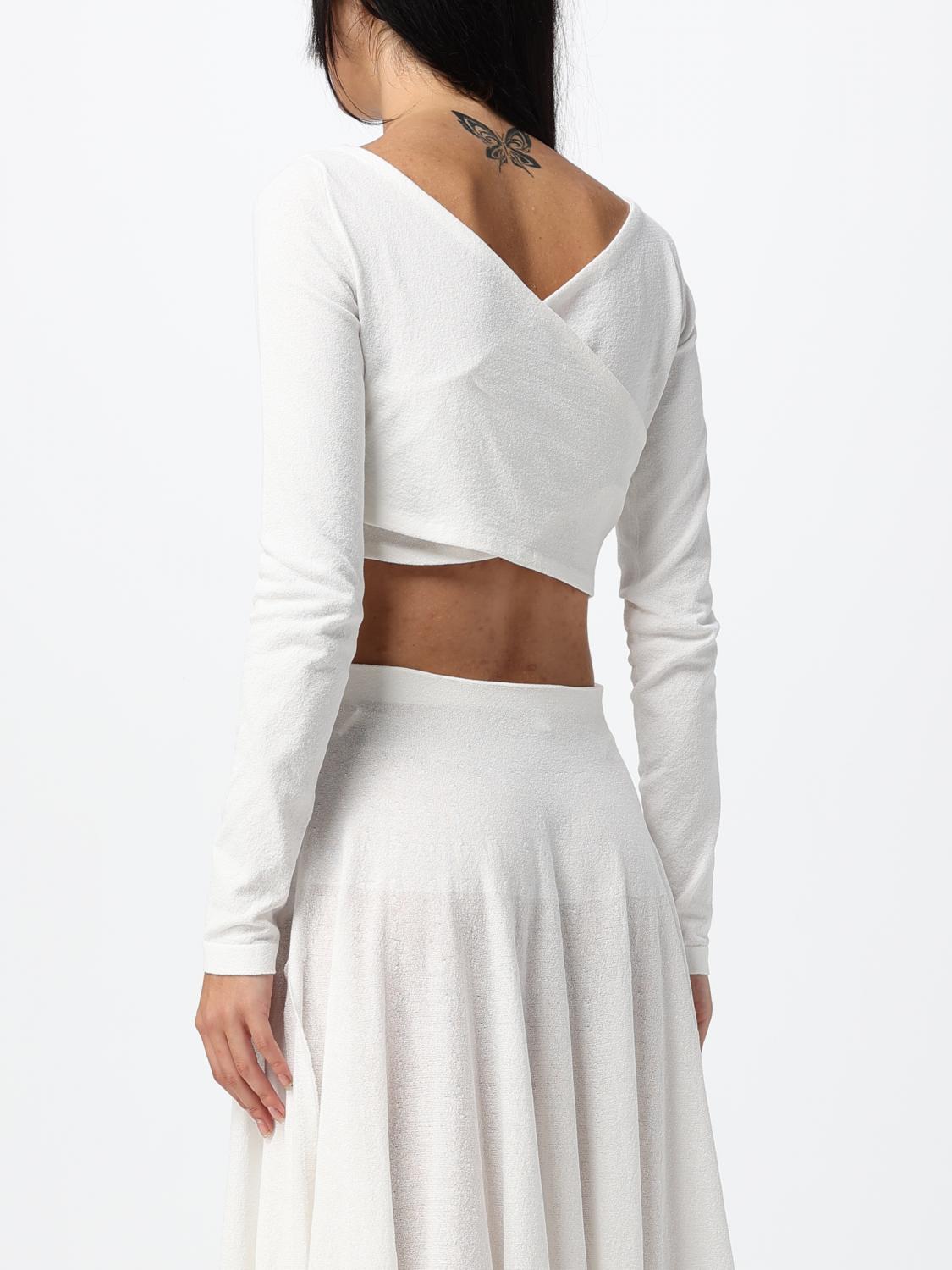 Alaia Women Slim Fit Cropped V-Neck Long-Sleeved Top Alaia In Stretch Cotton ALAIA