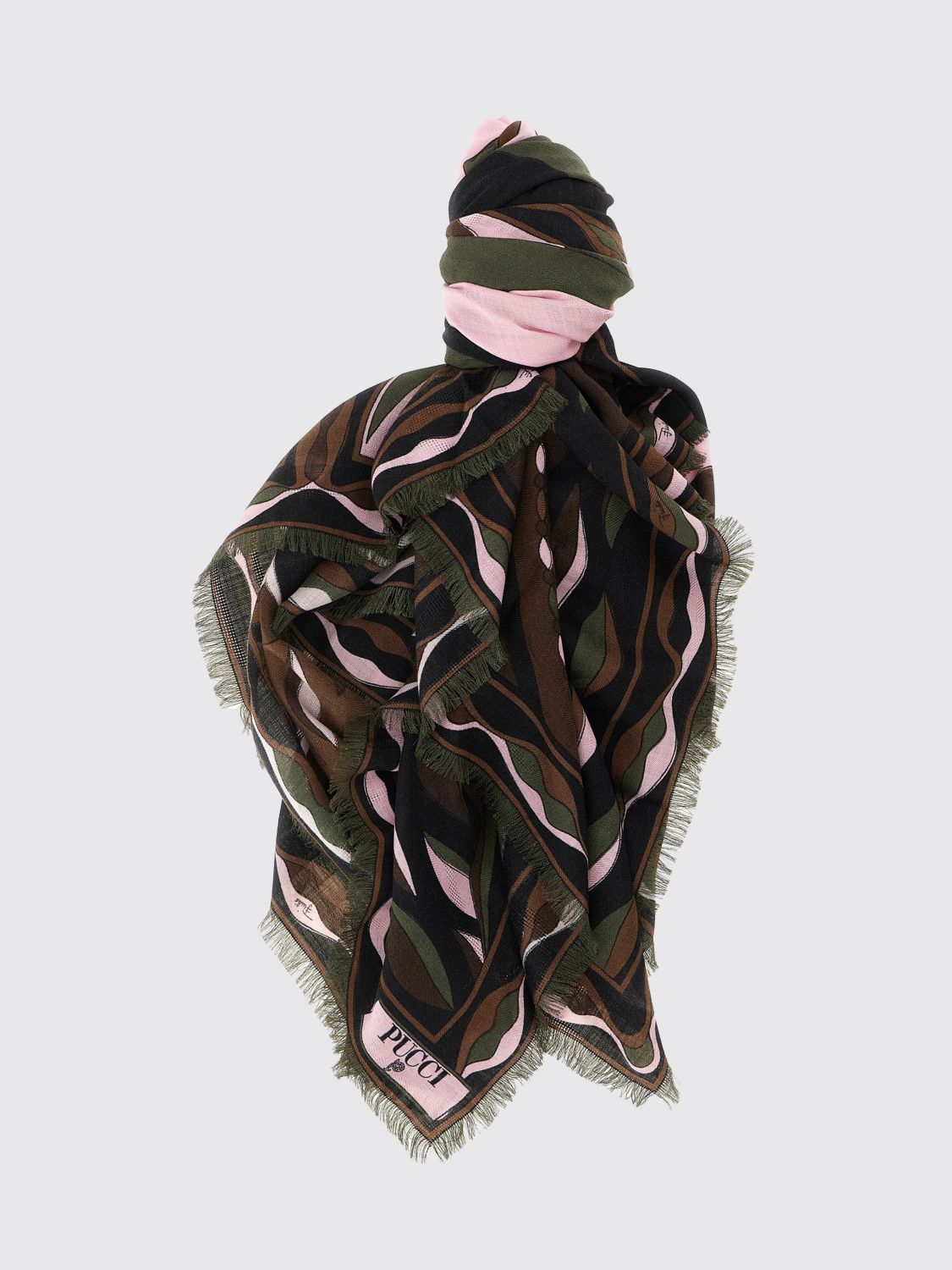 Pucci Women Square Silk And Wool Scarf Pucci With Abstract Print And Fringed Edges PUCCI