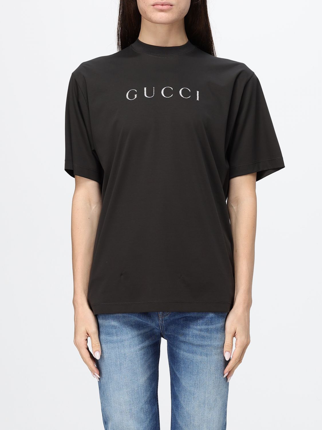 Gucci Women Crewneck Cotton T-Shirt Gucci With Contrasting Logo Print GUCCI
