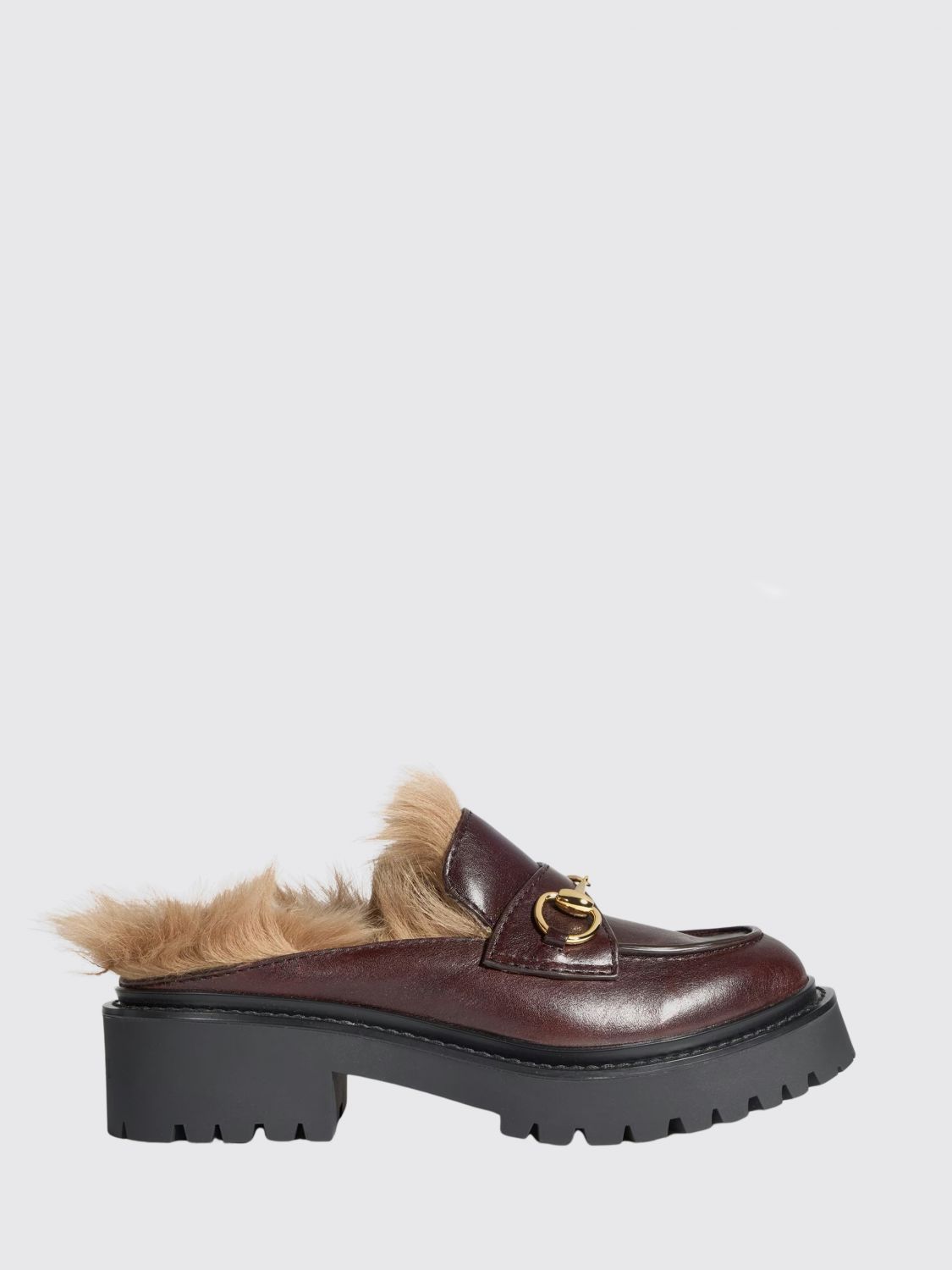 Gucci Women Gucci Horsebit Leather Mules With Wool Lining And Lug Sole GUCCI