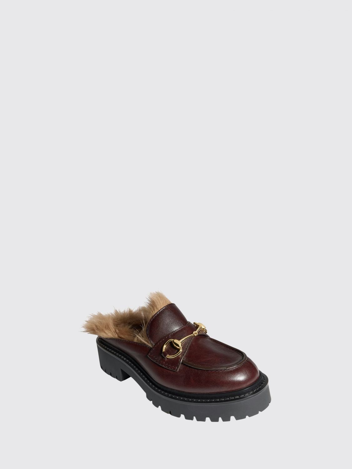 Gucci Women Gucci Horsebit Leather Mules With Wool Lining And Lug Sole GUCCI