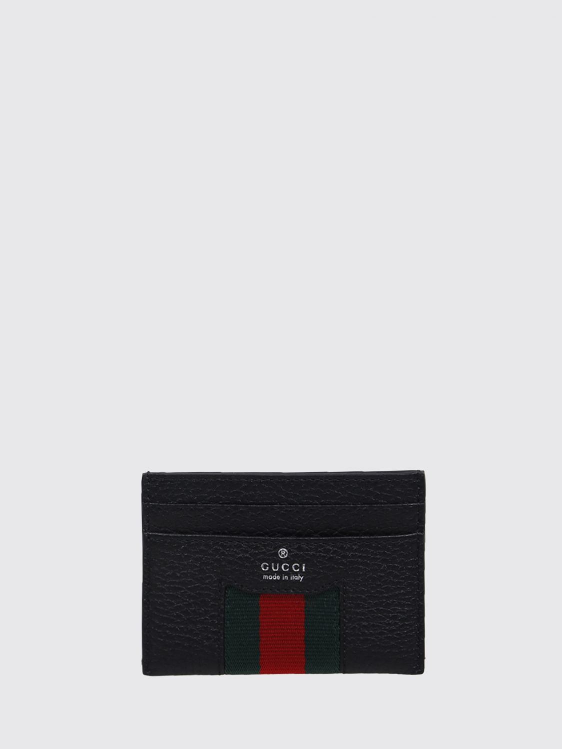 Gucci Men Gucci Flat Card Holder In Hammered Leather With Web Detail GUCCI