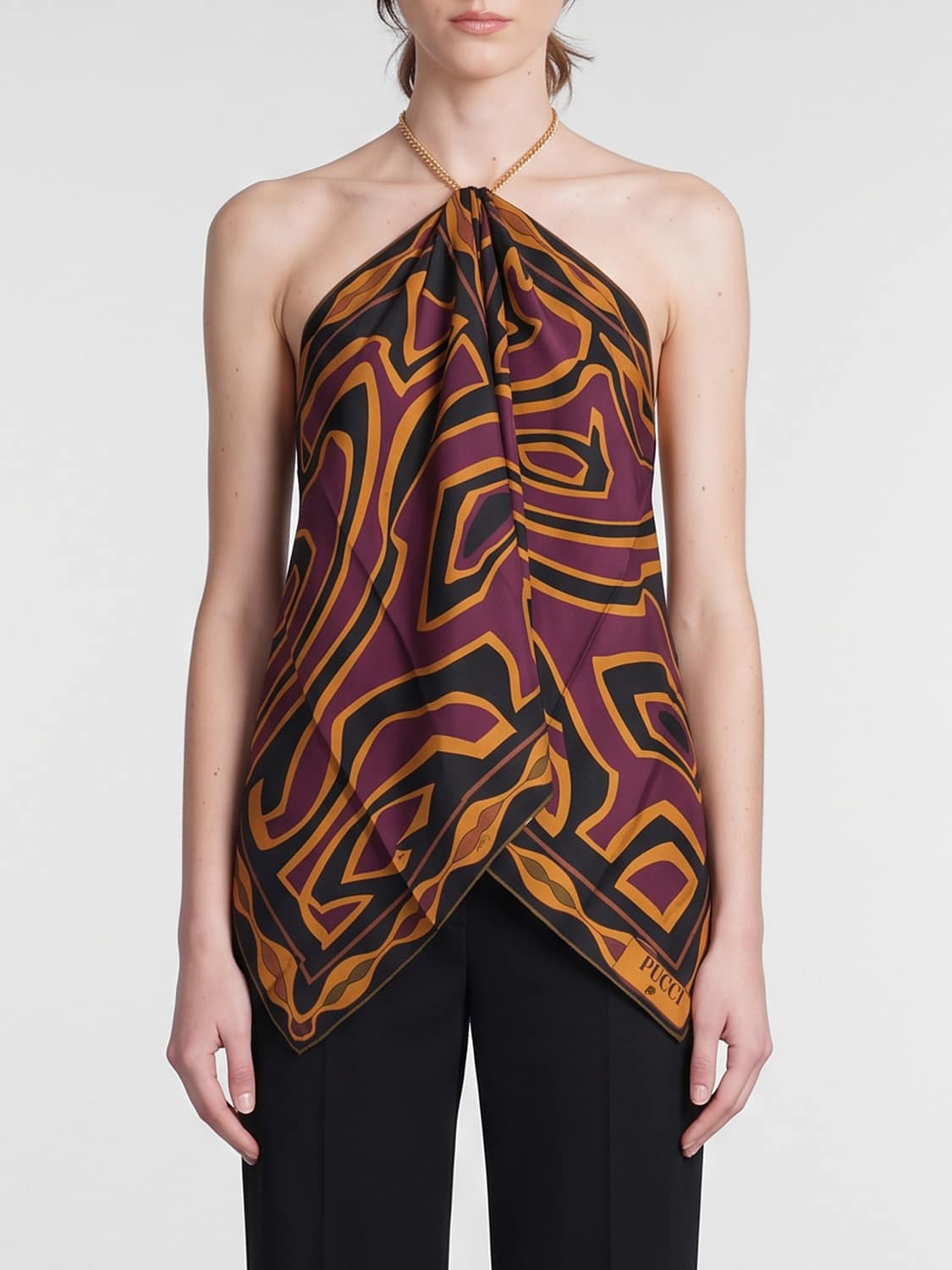 Pucci Women Pucci Asymmetrical Abstract Print Silk Halterneck Top PUCCI