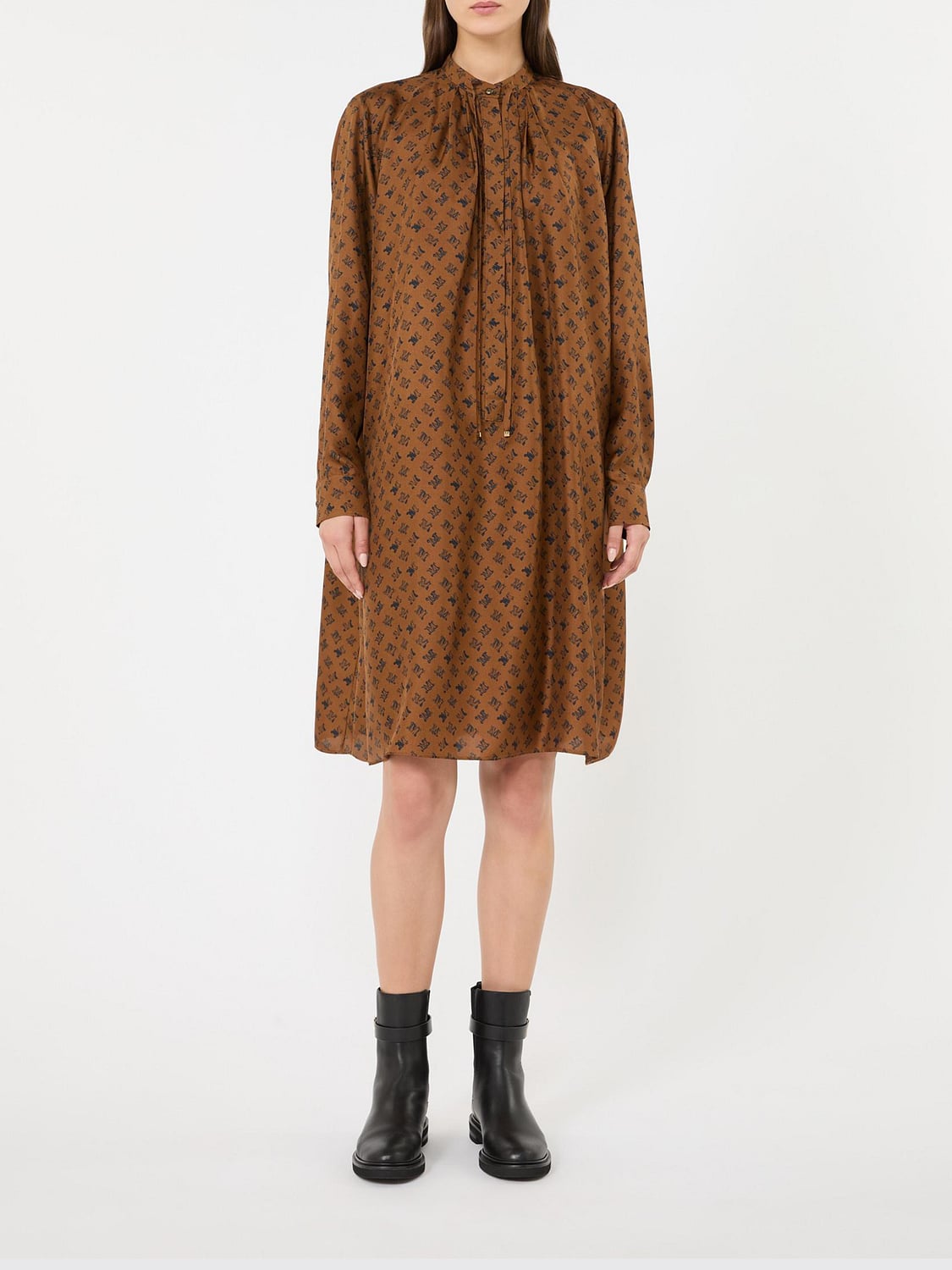 Max Mara Women Max Mara Monogram Print Silk Mini Shirt Dress With Mandarin Collar MAX MARA