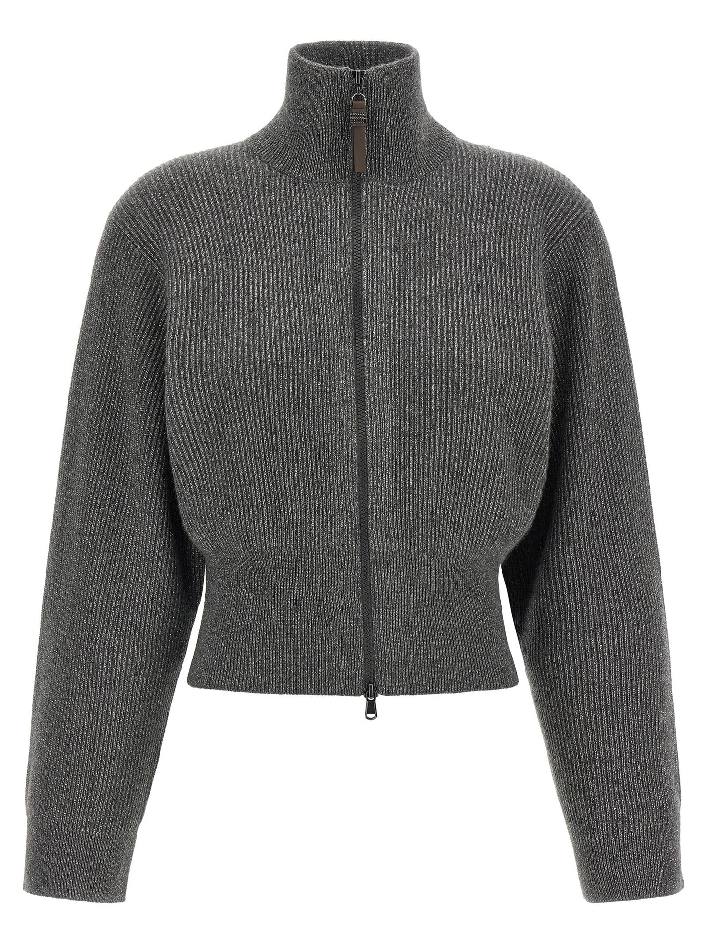 Brunello Cucinelli Women Ribbed Cardigan With Leather Detail BRUNELLO CUCINELLI