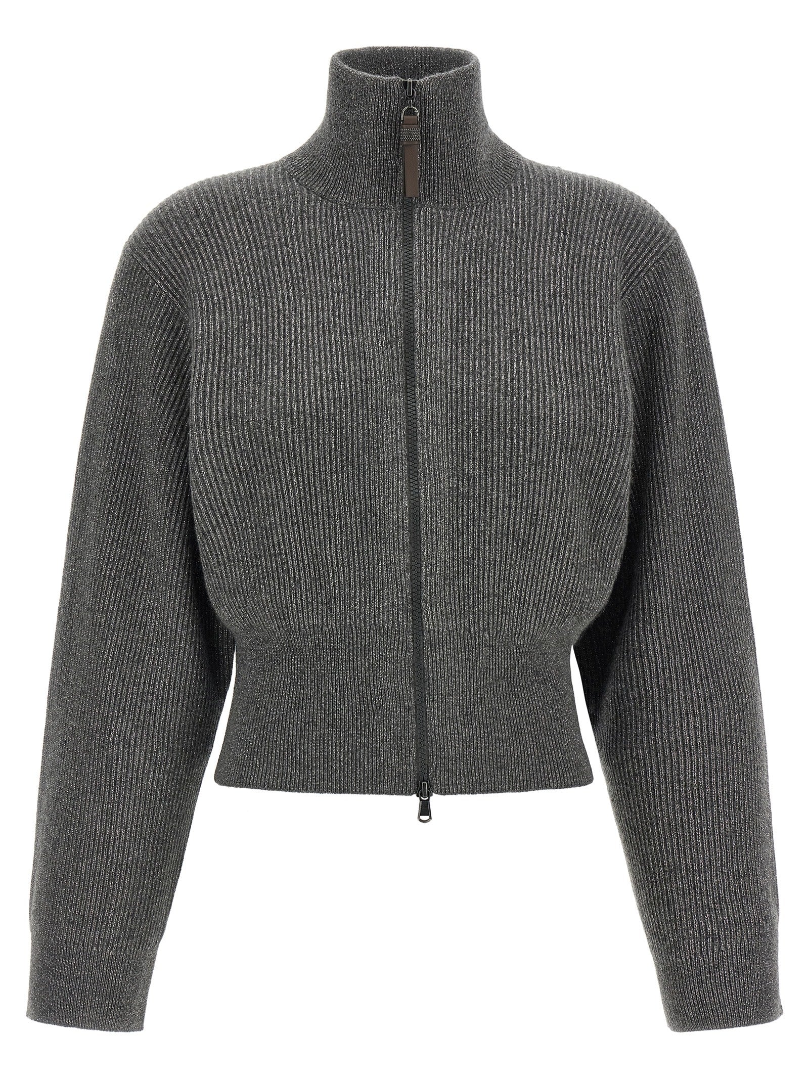 Brunello Cucinelli Women Ribbed Cardigan With Leather Detail BRUNELLO CUCINELLI