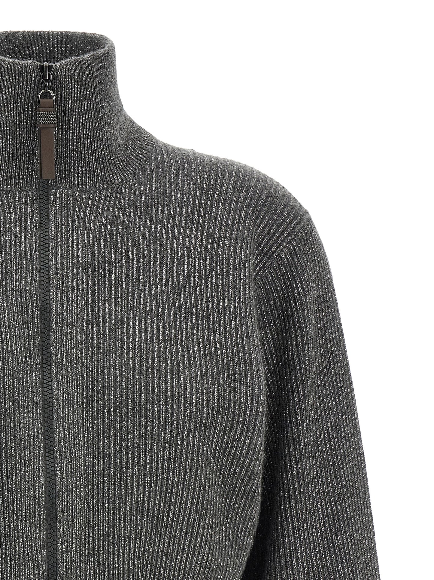 Brunello Cucinelli Women Ribbed Cardigan With Leather Detail BRUNELLO CUCINELLI