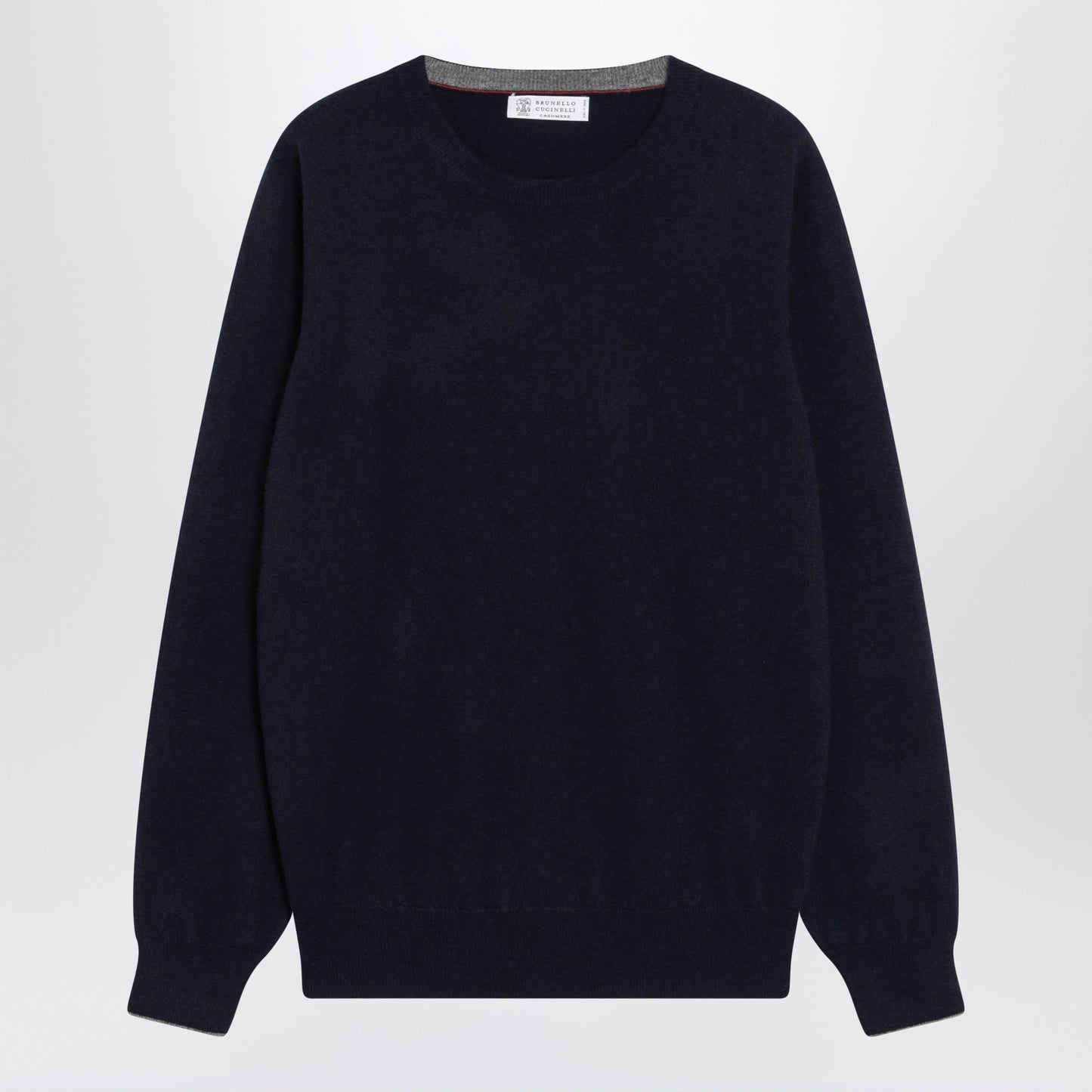 Brunello Cucinelli Navy Blue Cashmere Crewneck Sweater With Contrast Trim Men BRUNELLO CUCINELLI