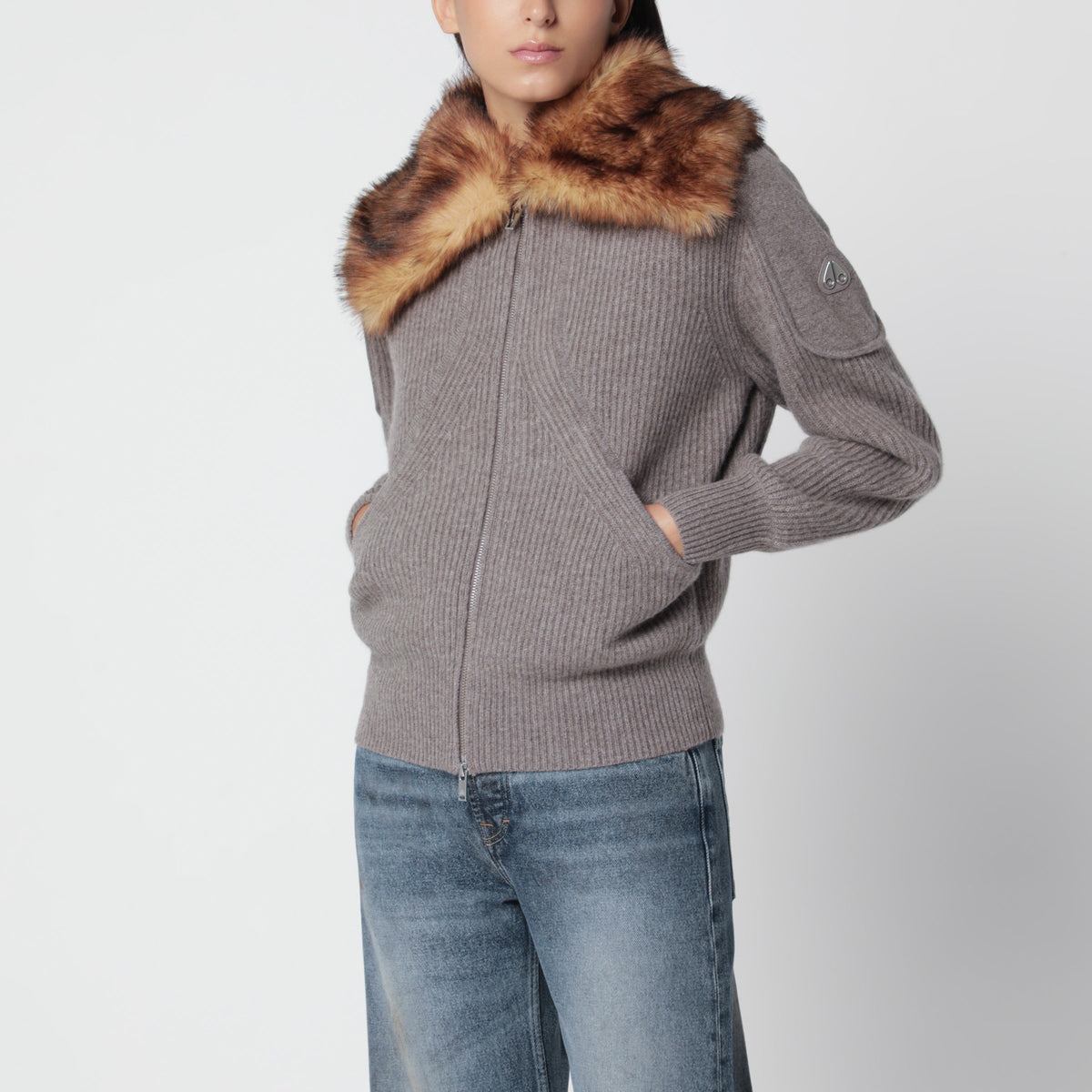 Moose Knuckles Grey Wool Cardigan With Faux Fur Collar Women MOOSE KNUCKLES