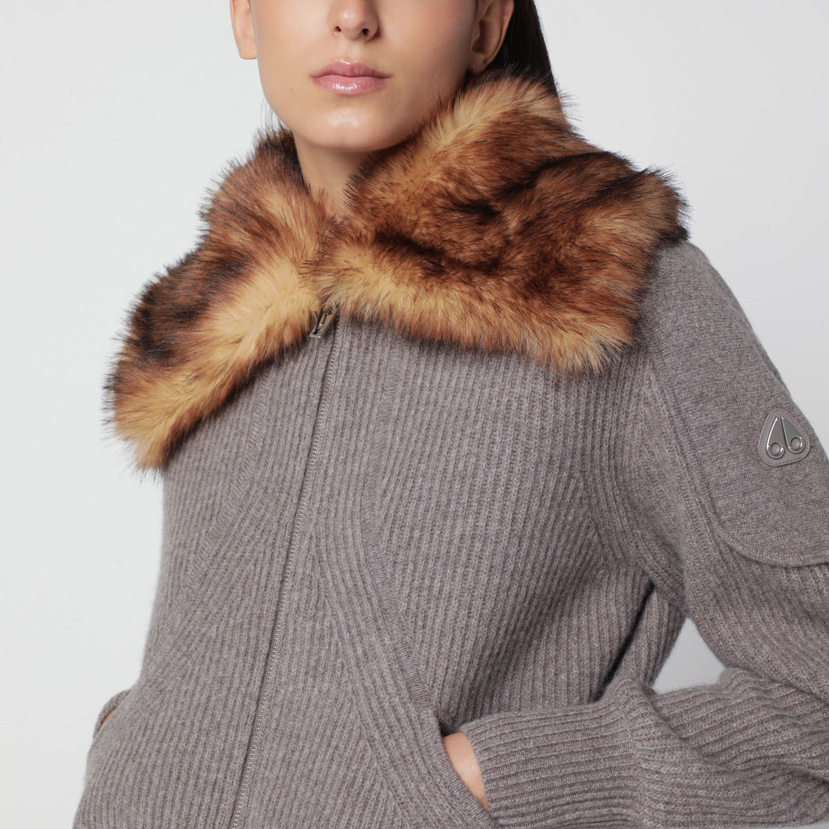 Moose Knuckles Grey Wool Cardigan With Faux Fur Collar Women MOOSE KNUCKLES