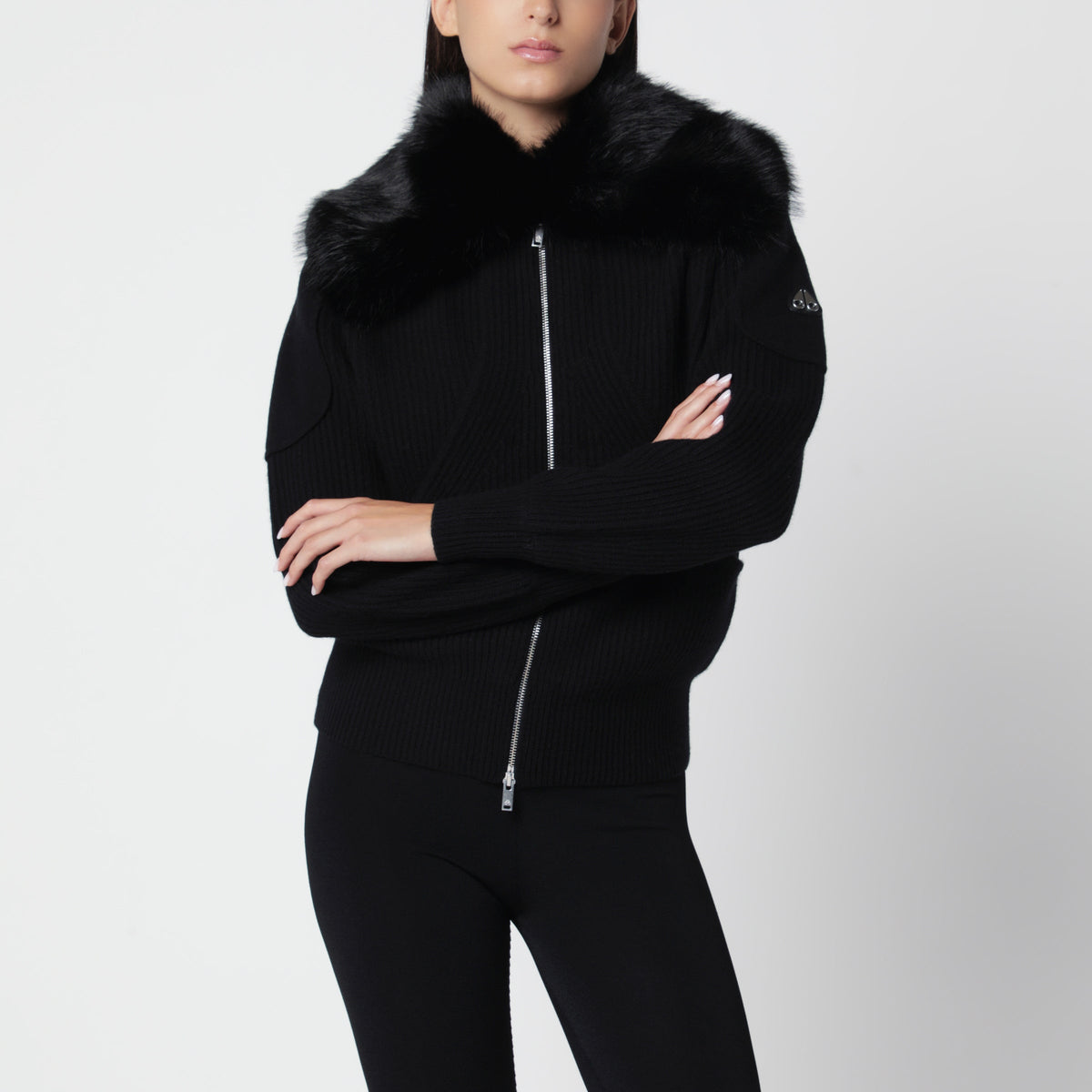 Moose Knuckles Black Wool Cardigan With Faux Fur Collar Women MOOSE KNUCKLES