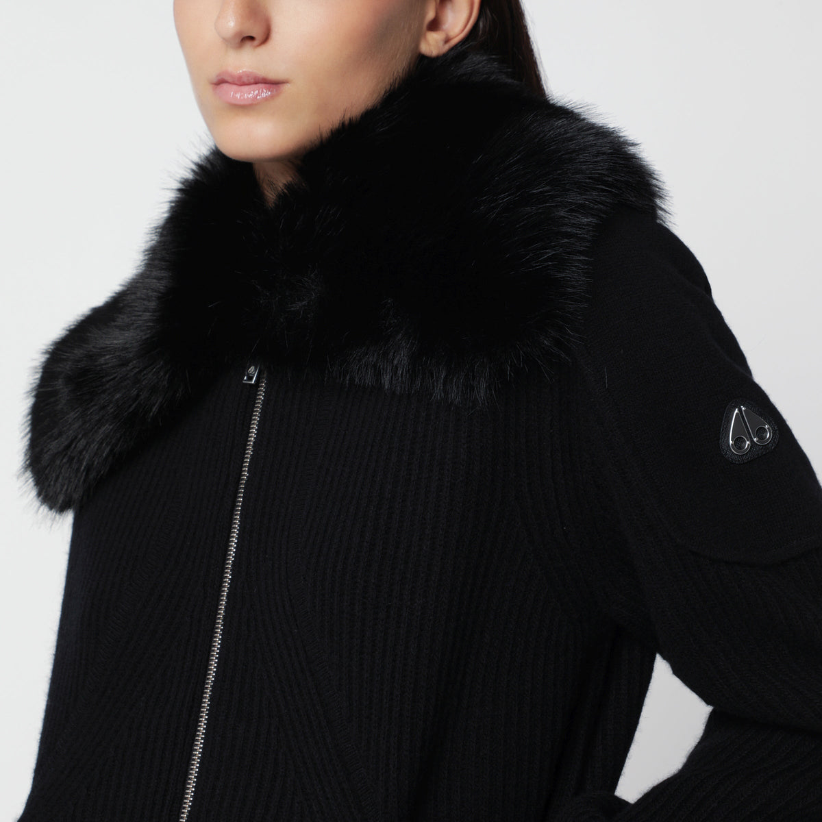 Moose Knuckles Black Wool Cardigan With Faux Fur Collar Women MOOSE KNUCKLES
