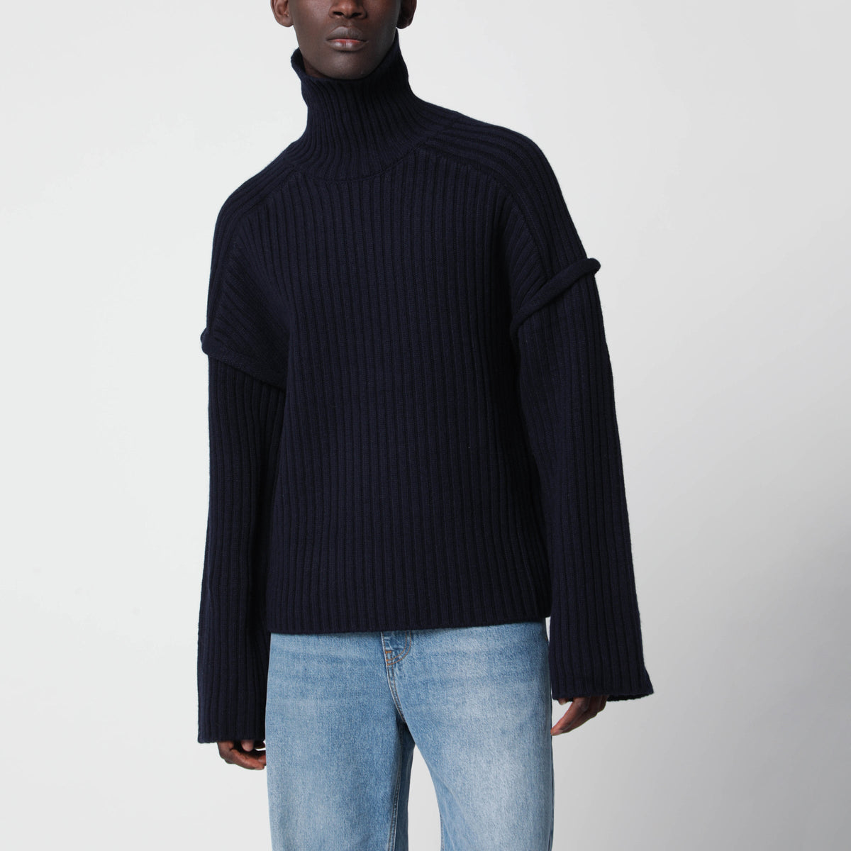 Sefr Dark Navy Blue Ribbed Wool Turtleneck Sweater Men SEFR