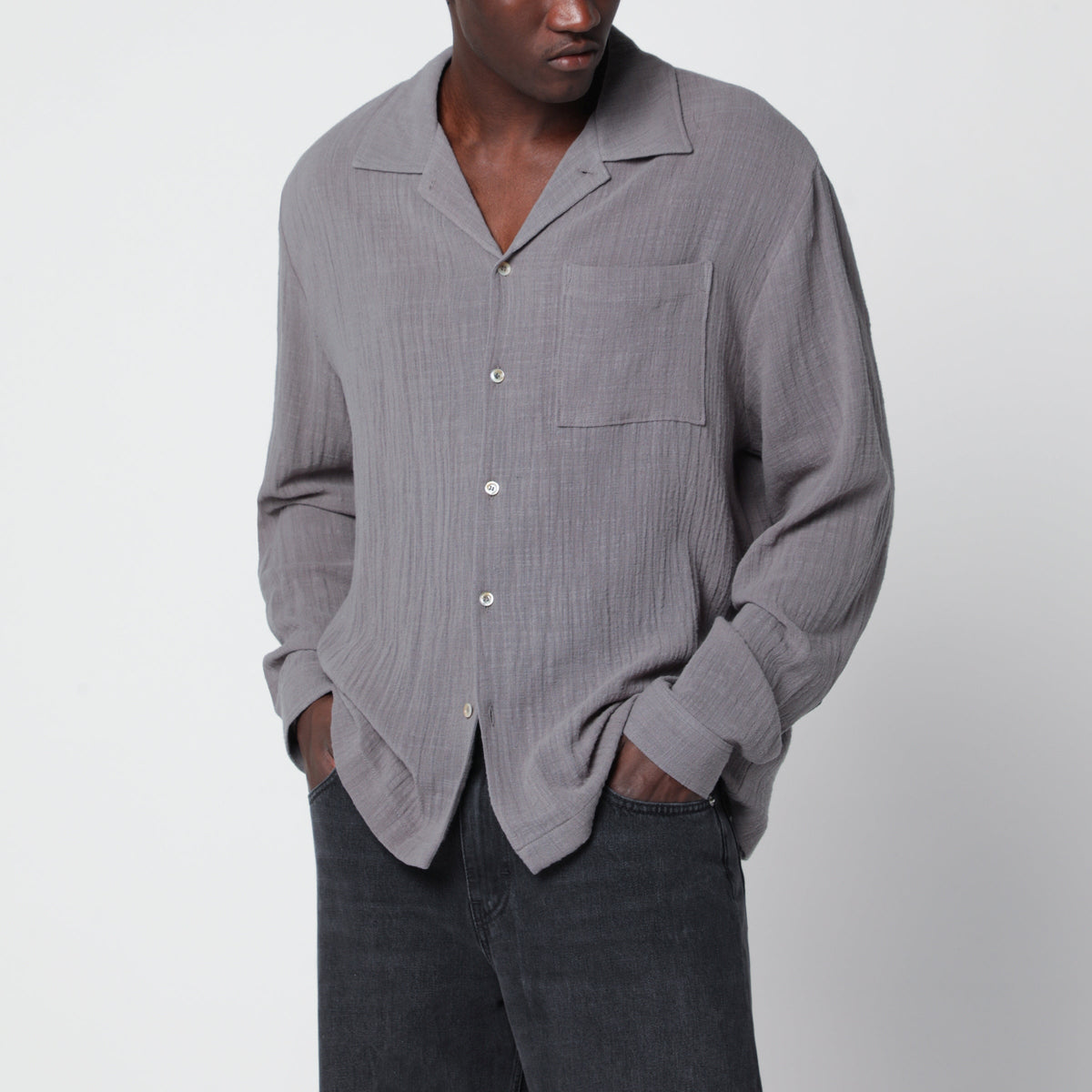 Sefr Grey Crinkled-Effect Cotton Shirt Men SEFR