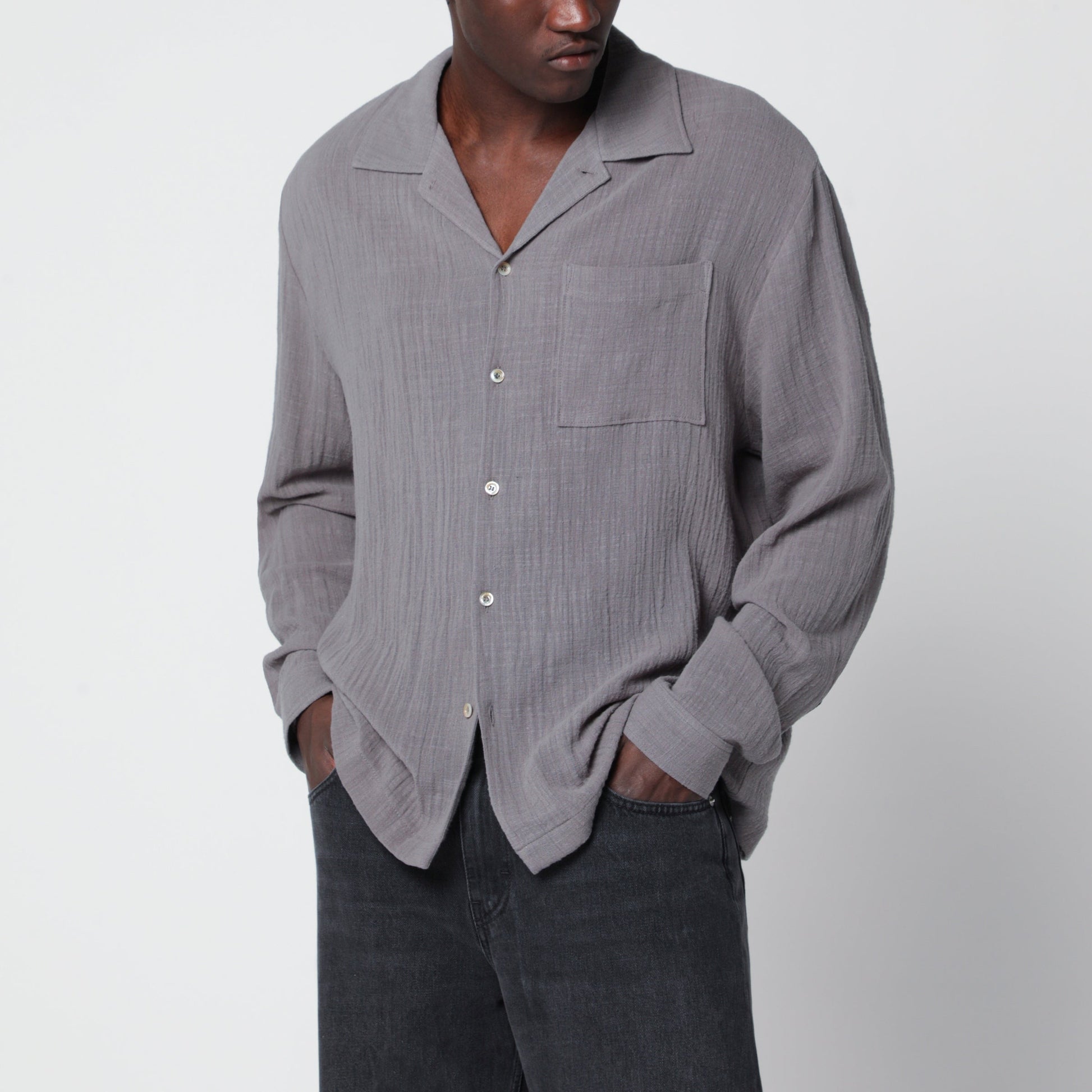 Sefr Grey Crinkled-Effect Cotton Shirt Men SEFR