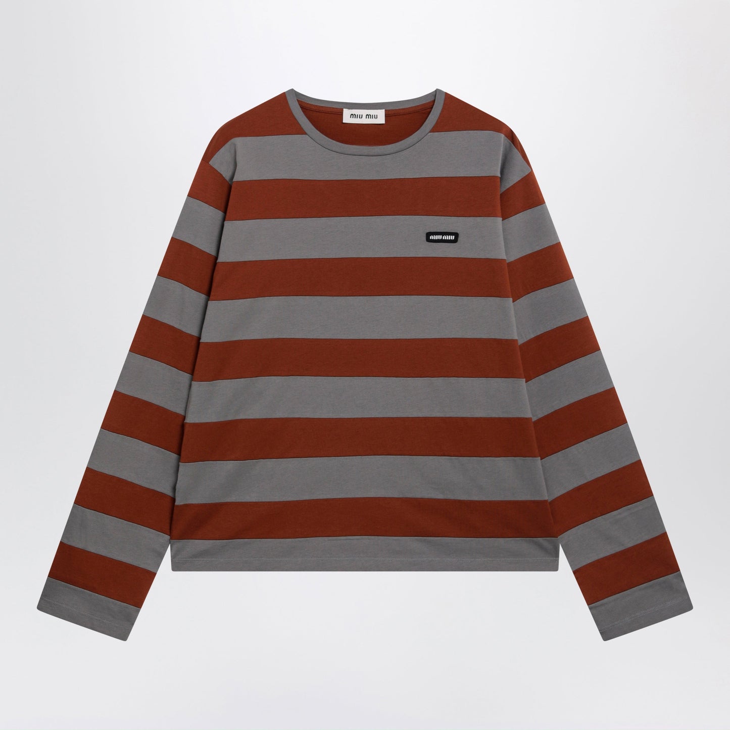 Miu Miu Striped Cotton Jersey T-Shirt In Iron/Tobacco Women MIU MIU