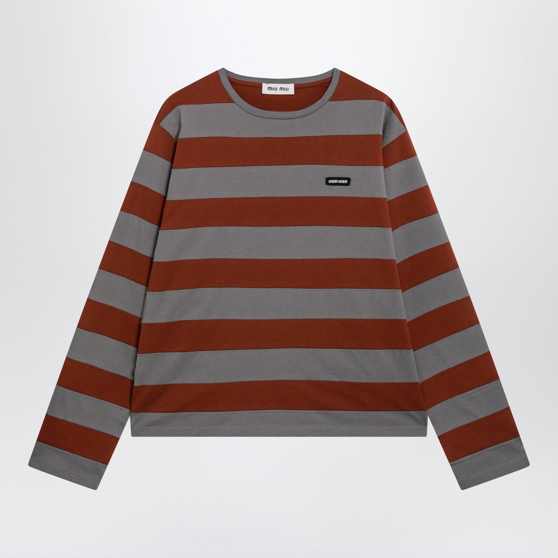 Miu Miu Striped Cotton Jersey T-Shirt In Iron/Tobacco Women MIU MIU