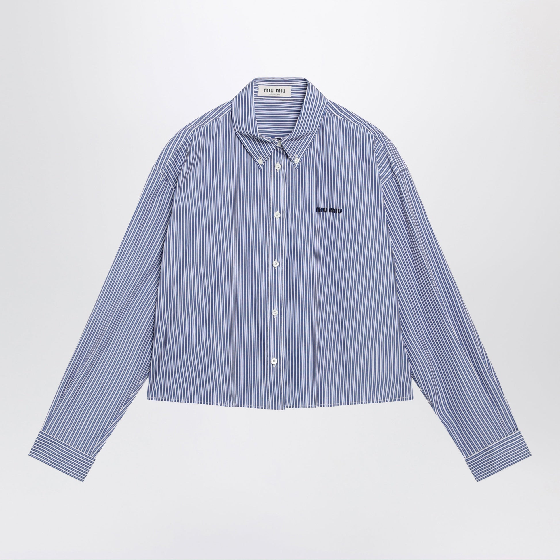 Miu Miu White/Cobalt Striped Cropped Shirt With Logo Embroidery Women MIU MIU