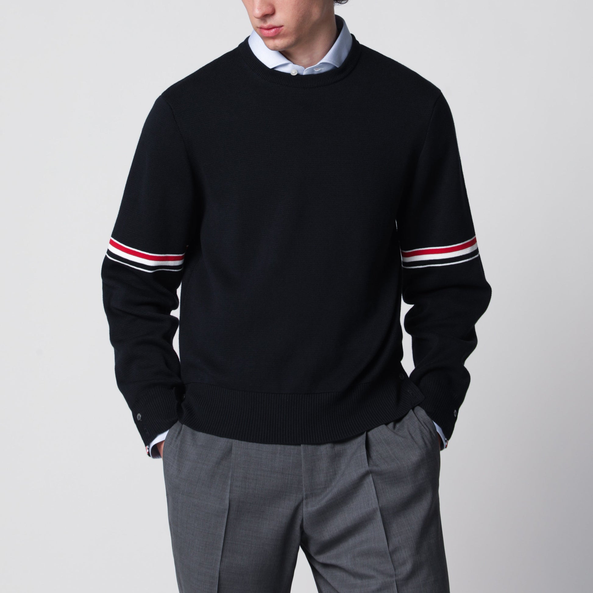 Thom Browne Navy Blue Cotton Sweater With Tricolor Details Men THOM BROWNE