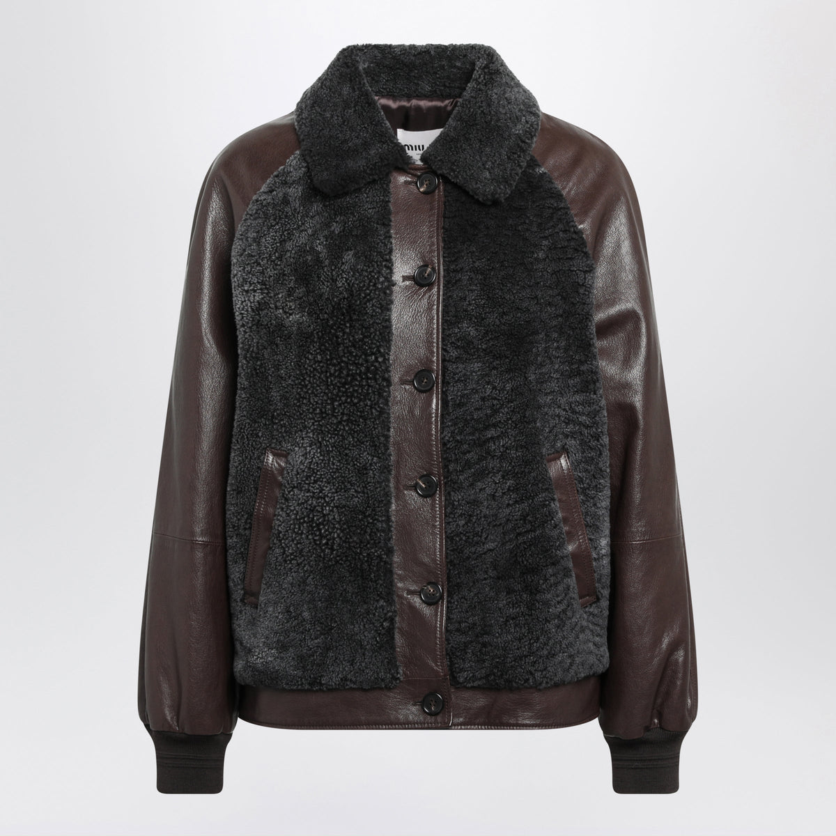 Miu Miu Brown Leather Blouson Jacket With Grey Shearling Women MIU MIU